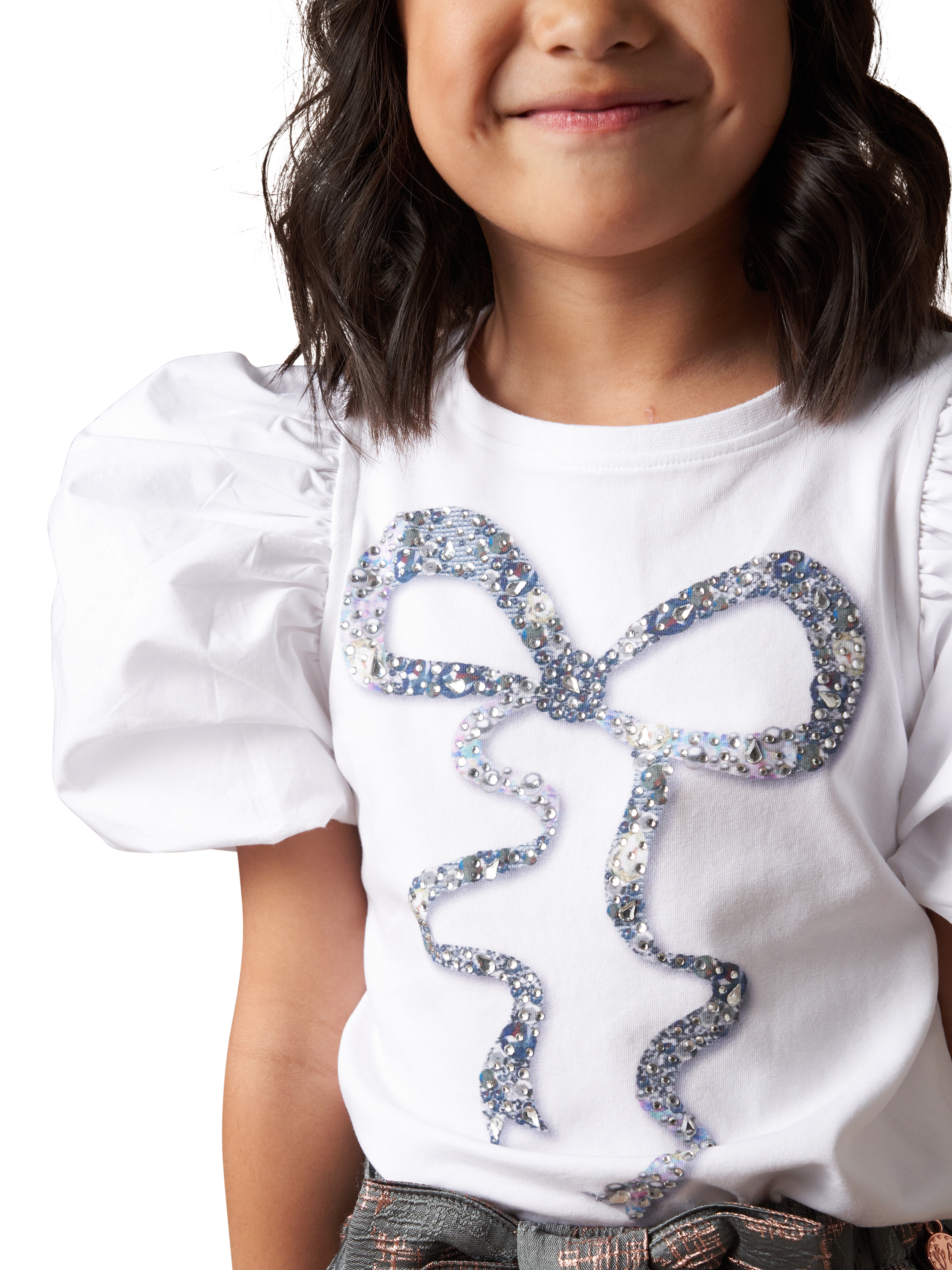 Product image 3 of 6, which shows Angel & Rocket Kids' Aofie Diamante Bow T-Shirt, White, 3-4 years