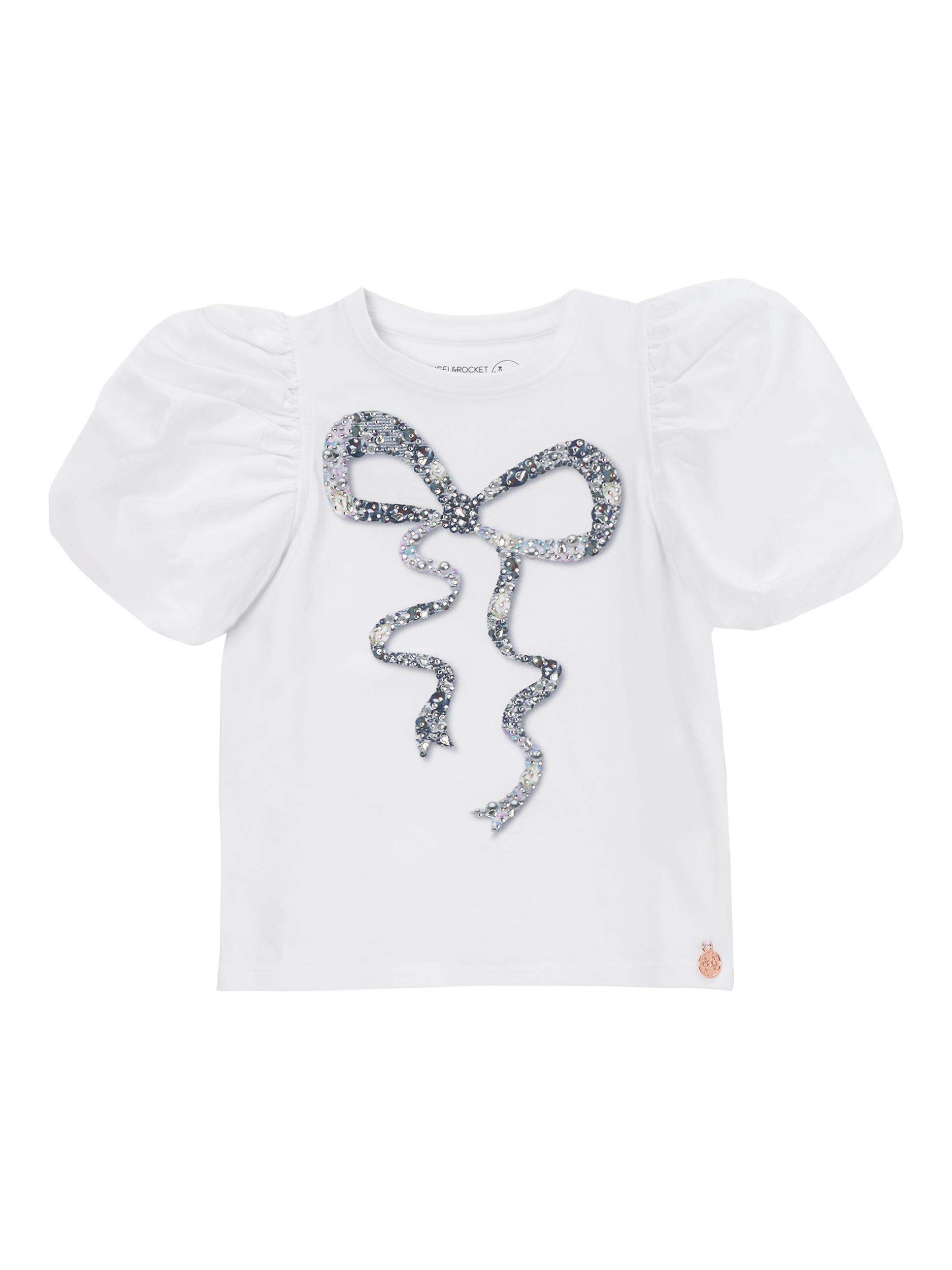 Product image 4 of 6, which shows Angel & Rocket Kids' Aofie Diamante Bow T-Shirt, White, 3-4 years