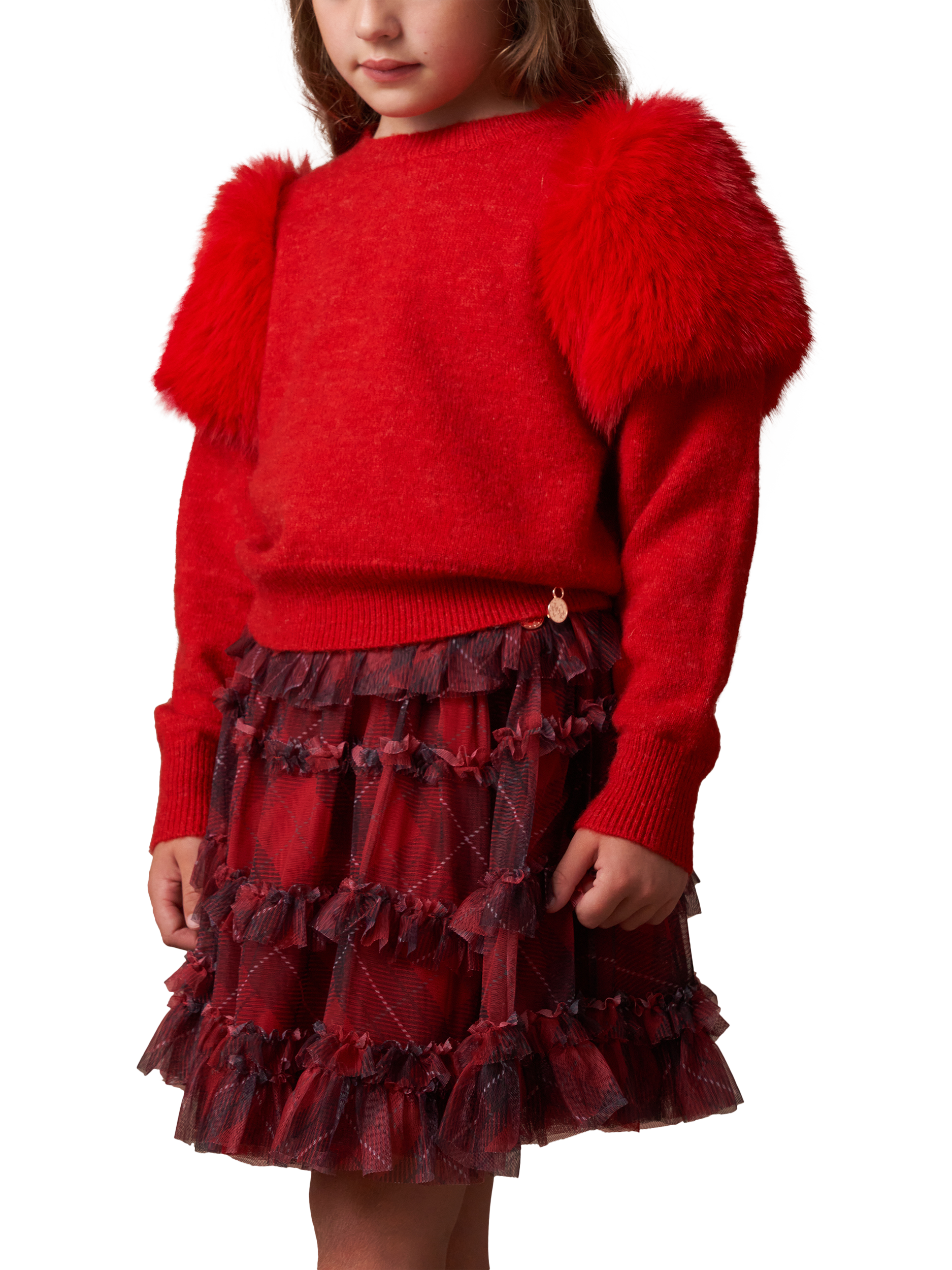 Product image 1 of 5, which shows Angel & Rocket Kids' Fur Shoulder Jumper, Red, 7-8 years