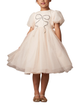 Angel & Rocket Kids' Bow Puff Sleeve Tulle Dress, Champagne