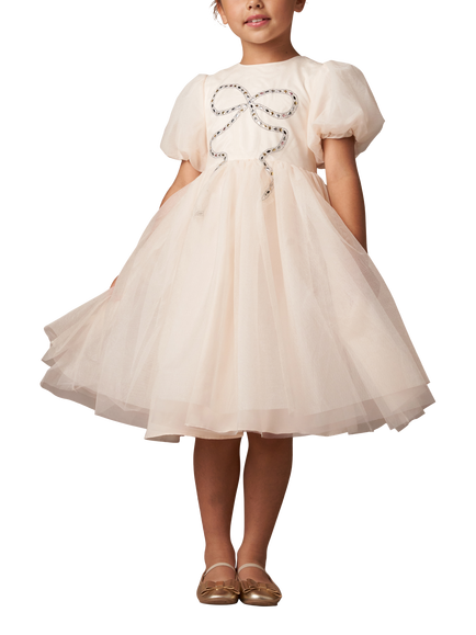 Angel & Rocket Kids' Bow Puff Sleeve Tulle Dress, Champagne, Champagne