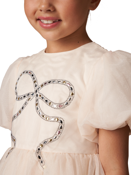Angel & Rocket Kids' Bow Puff Sleeve Tulle Dress, Champagne - view 2, Champagne