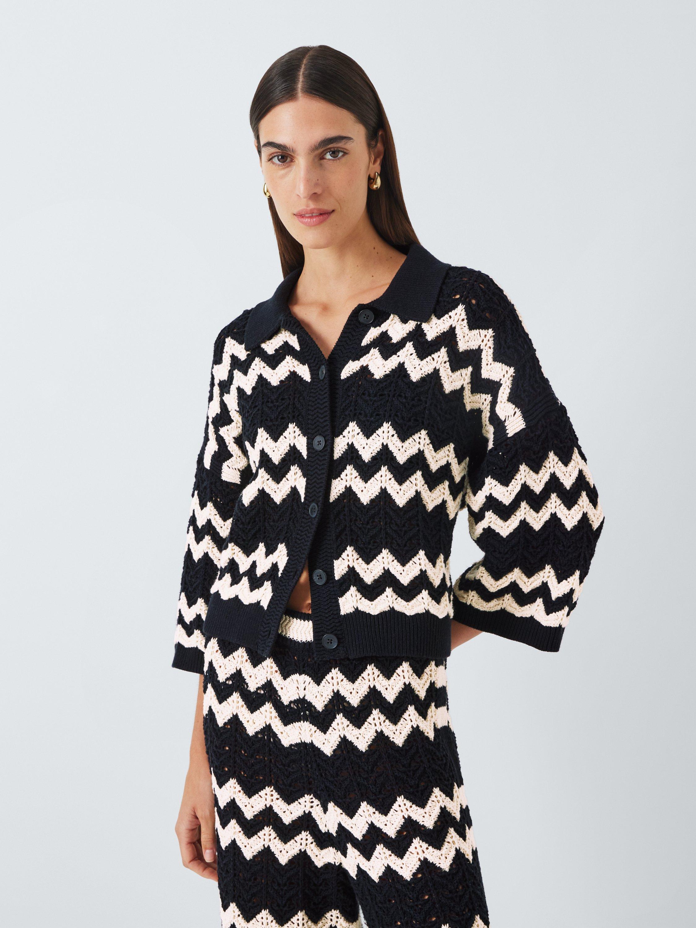 John Lewis Zig Zag Crochet Cardigan, Black/Cream