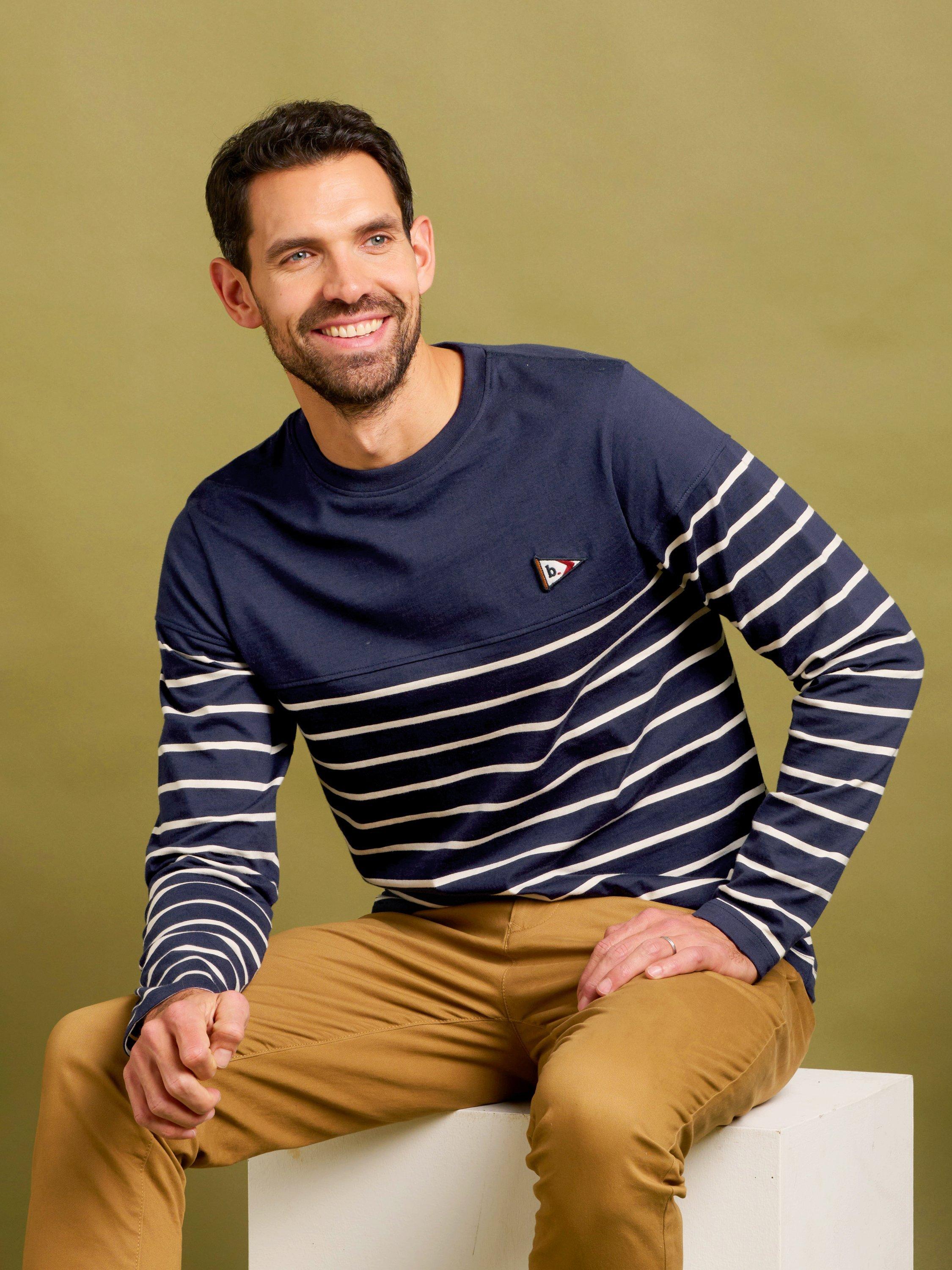Product image 1 of 5, which shows Brakeburn Long Sleeve Breton Stripe T-Shirt, Navy, S