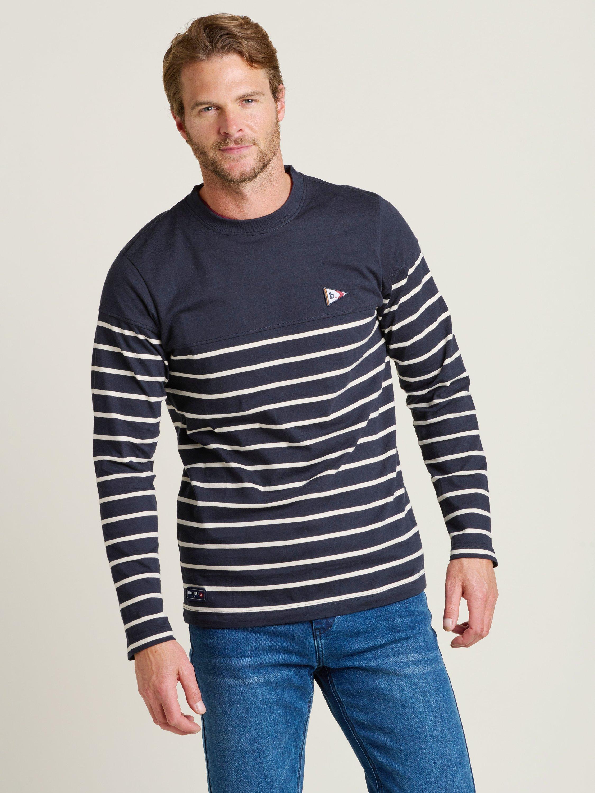 Product image 2 of 5, which shows Brakeburn Long Sleeve Breton Stripe T-Shirt, Navy, S