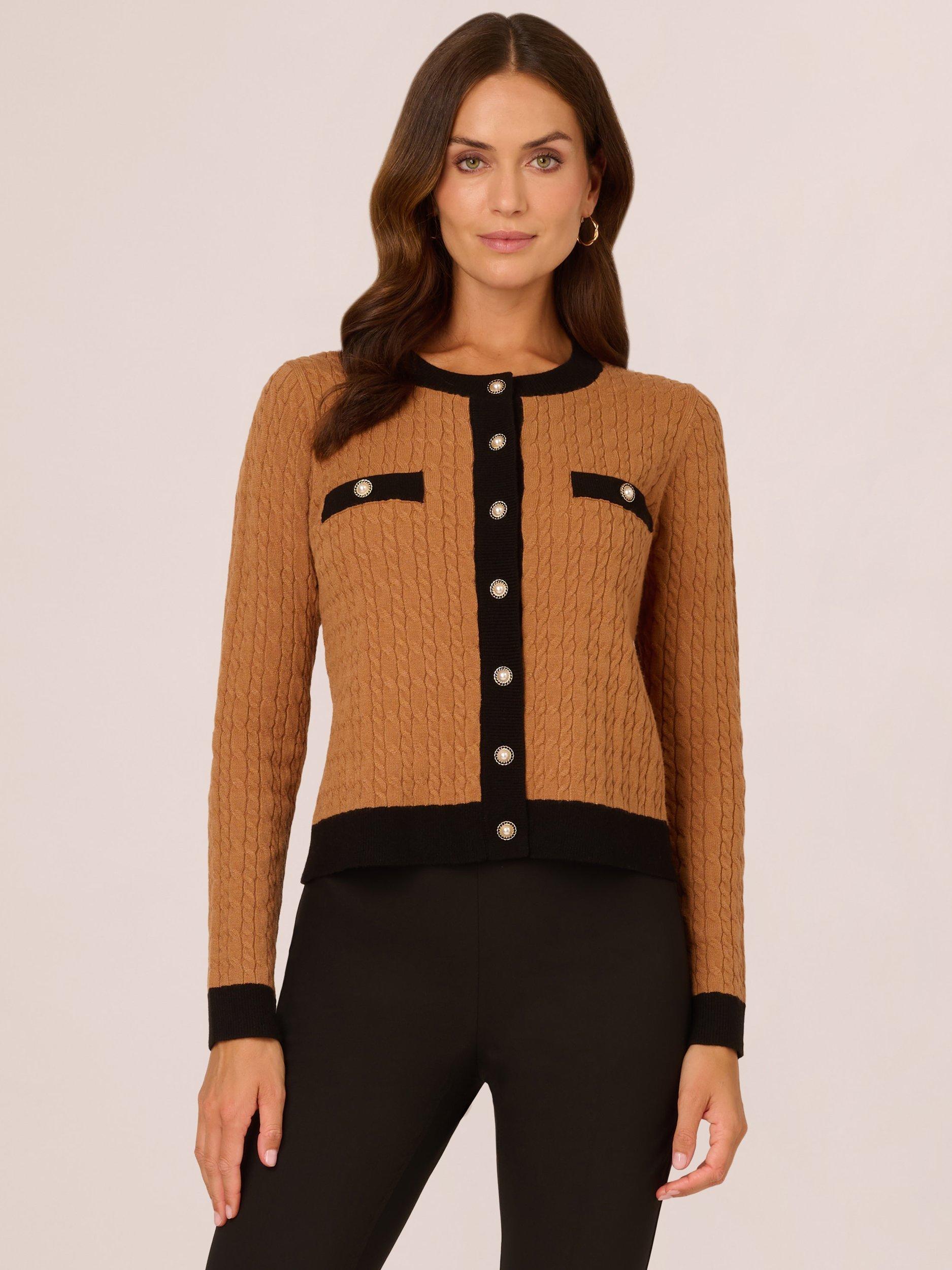 Product image 1 of 7, which shows Adrianna Papell Contrast Cable Cardigan, Camel/Black, XS
