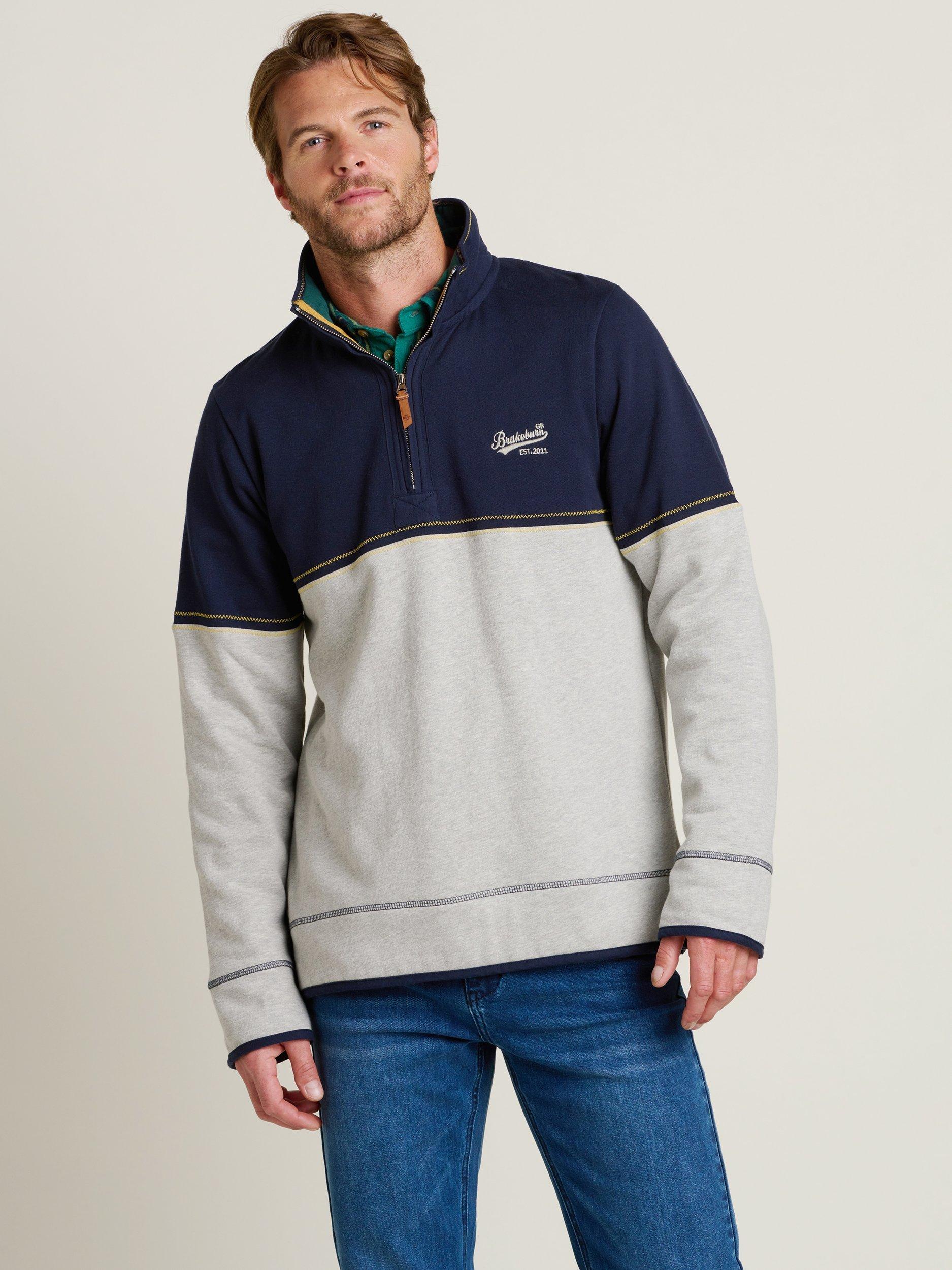 Product image 1 of 4, which shows Brakeburn Cotton Blend Colour Block Quarter Zip Sweatshirt, Grey/Multi, S