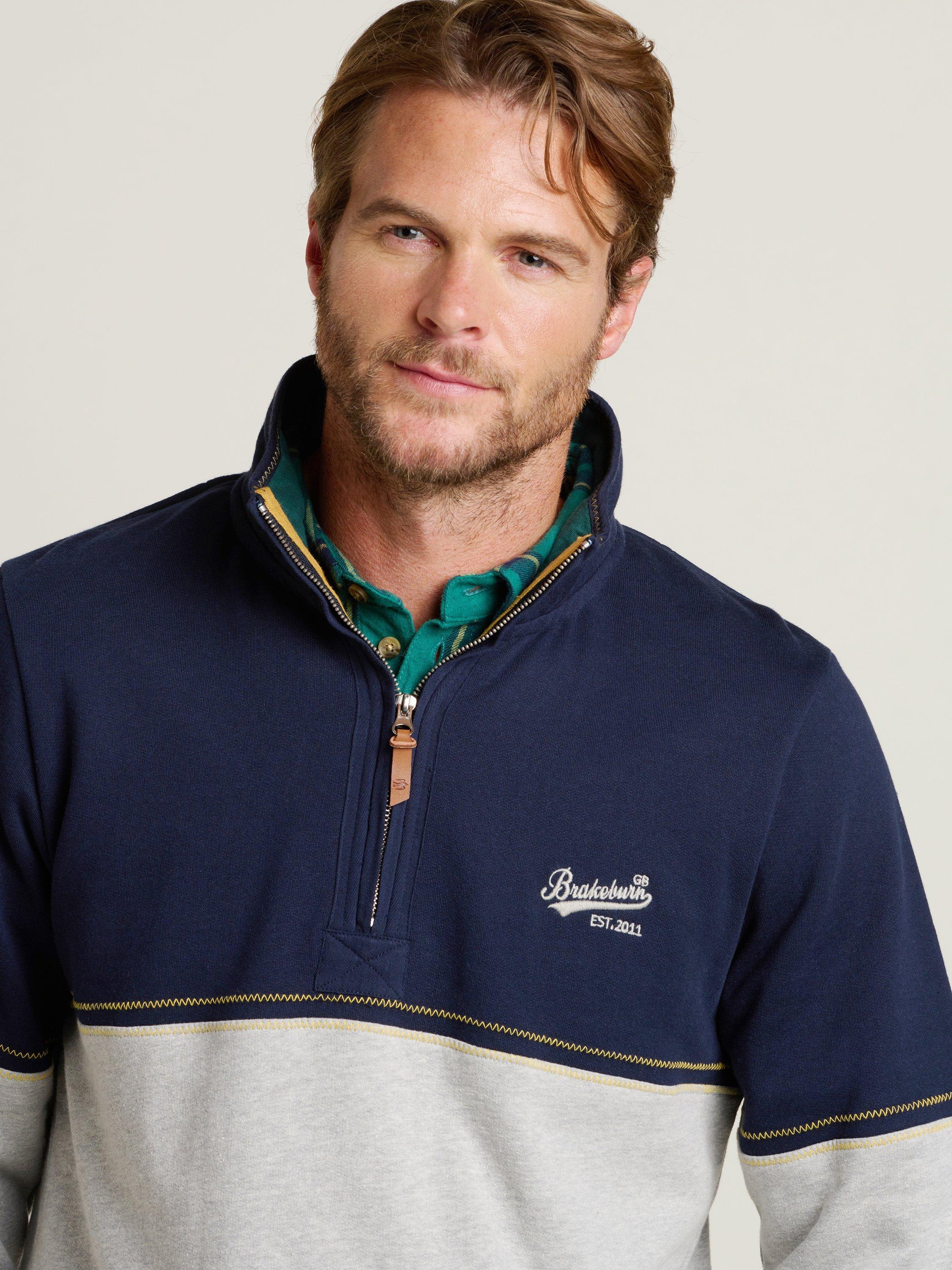 Product image 3 of 4, which shows Brakeburn Cotton Blend Colour Block Quarter Zip Sweatshirt, Grey/Multi, S
