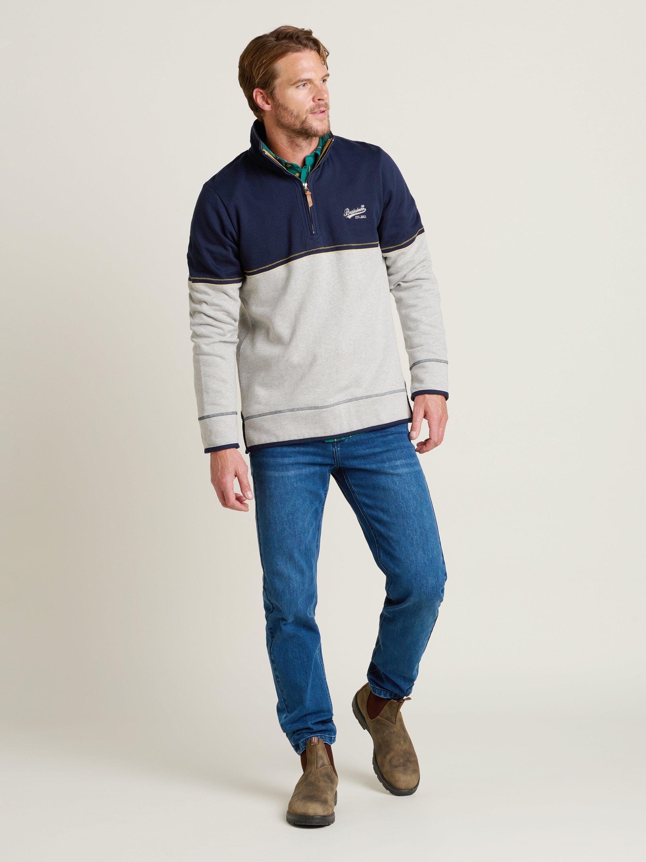 Product image 4 of 4, which shows Brakeburn Cotton Blend Colour Block Quarter Zip Sweatshirt, Grey/Multi, S
