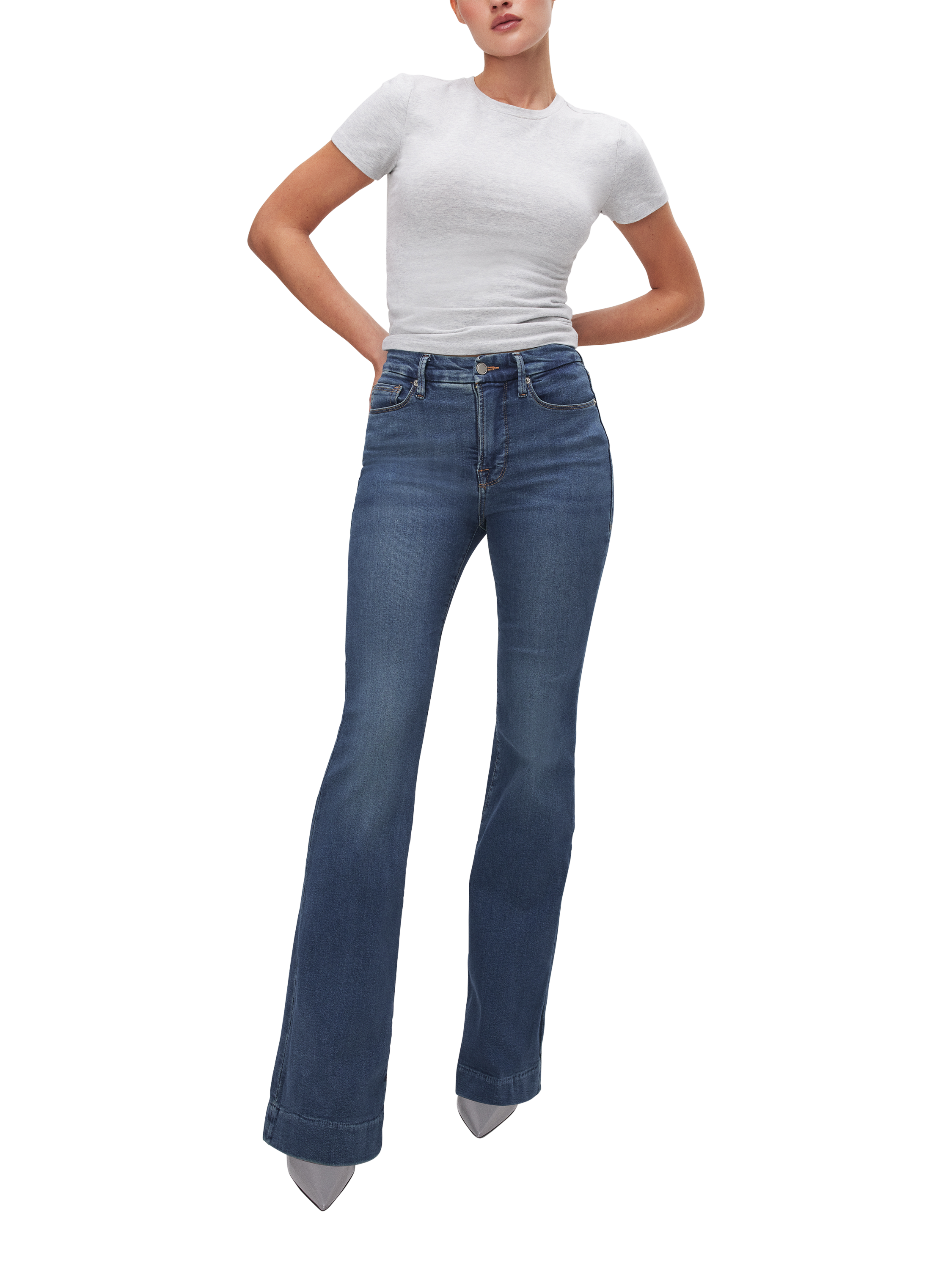 Product image 1 of 5, which shows Good American Good Legs Skinny Flare Jeans, Blue, 24