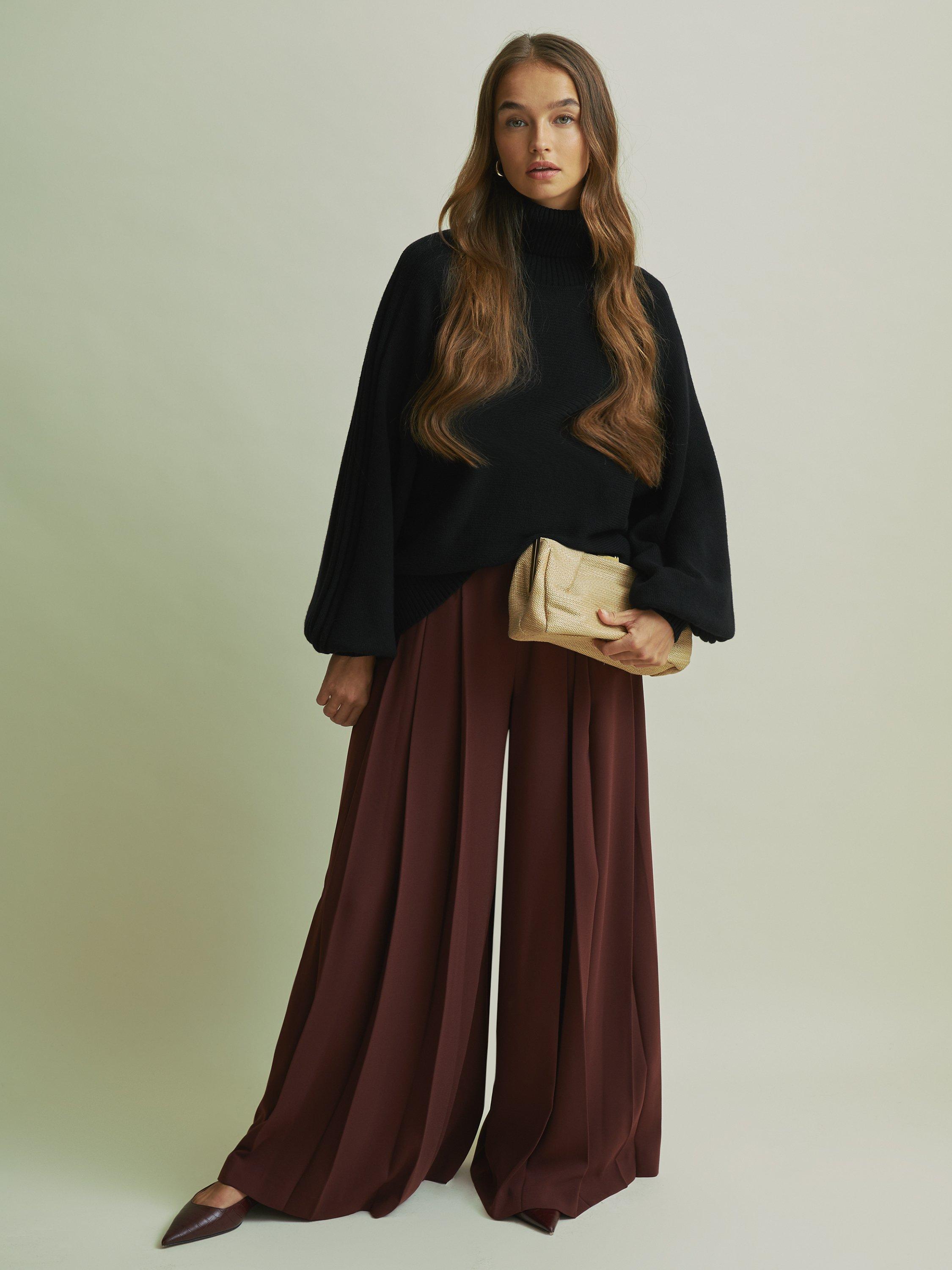 Product image 1 of 5, which shows FLORERE Blouson Sleeve Wool Blend Roll Neck Jumper, Black, S