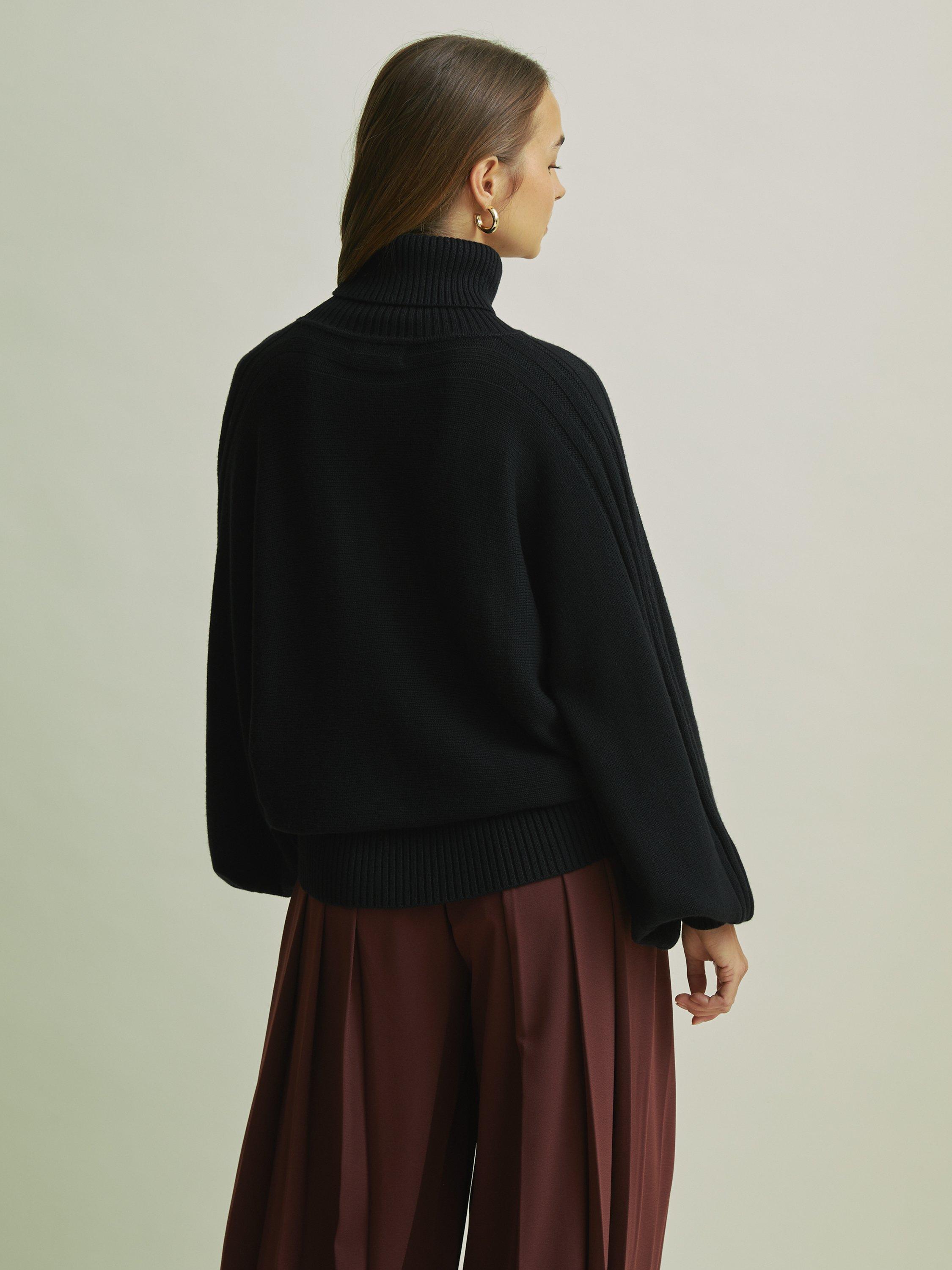 Product image 2 of 5, which shows FLORERE Blouson Sleeve Wool Blend Roll Neck Jumper, Black, S