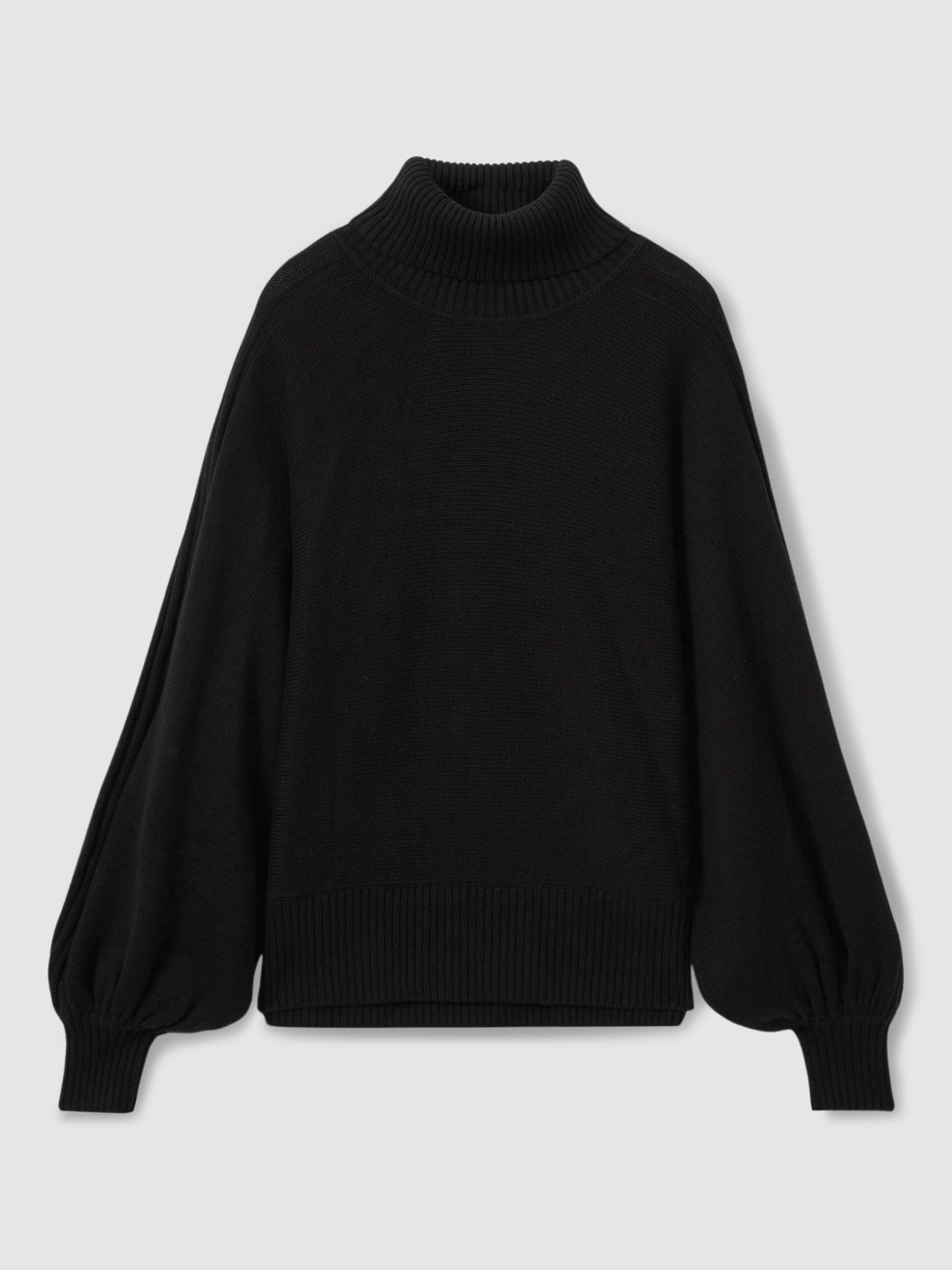 Product image 3 of 5, which shows FLORERE Blouson Sleeve Wool Blend Roll Neck Jumper, Black, S