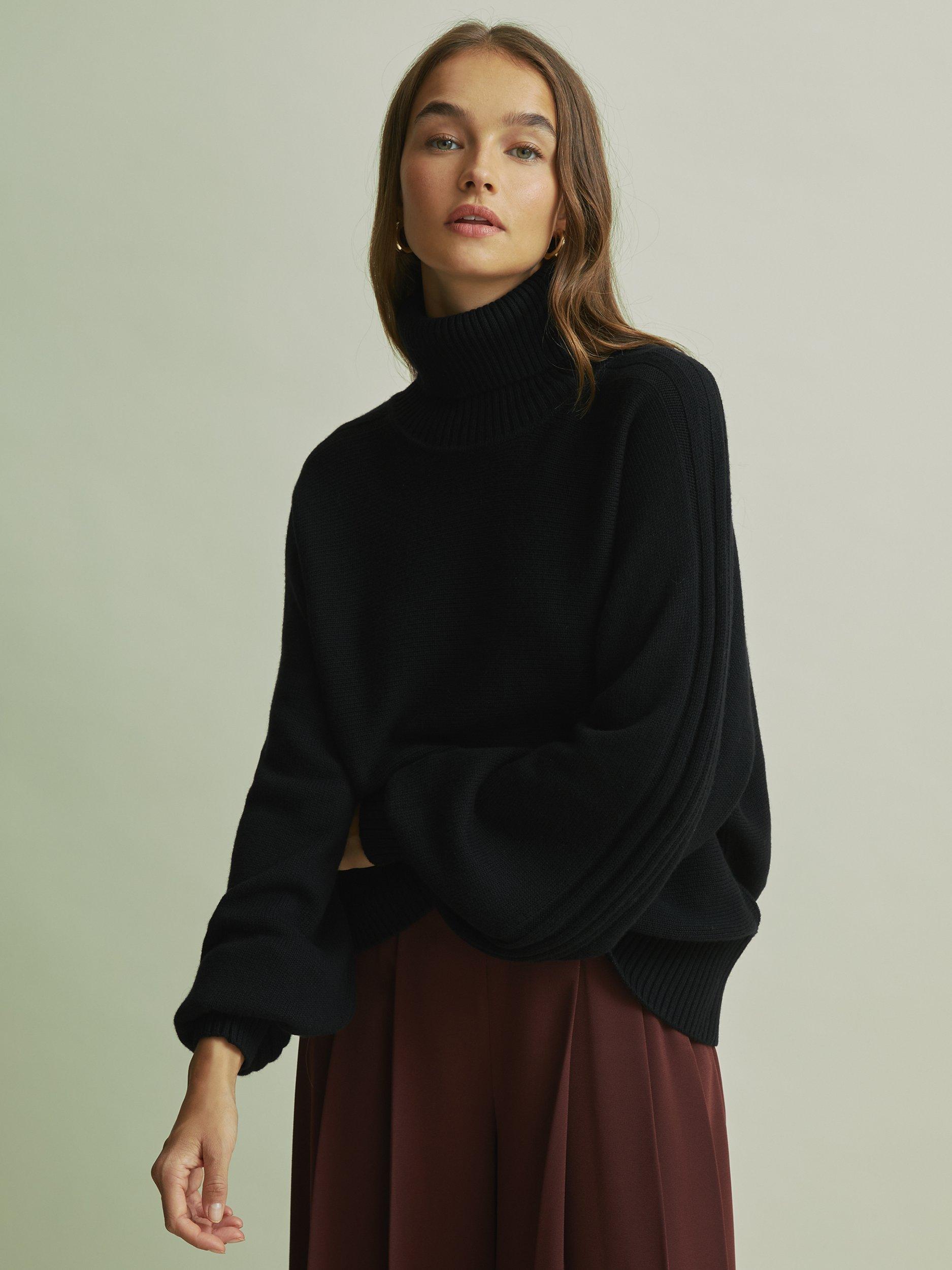 Product image 4 of 5, which shows FLORERE Blouson Sleeve Wool Blend Roll Neck Jumper, Black, S