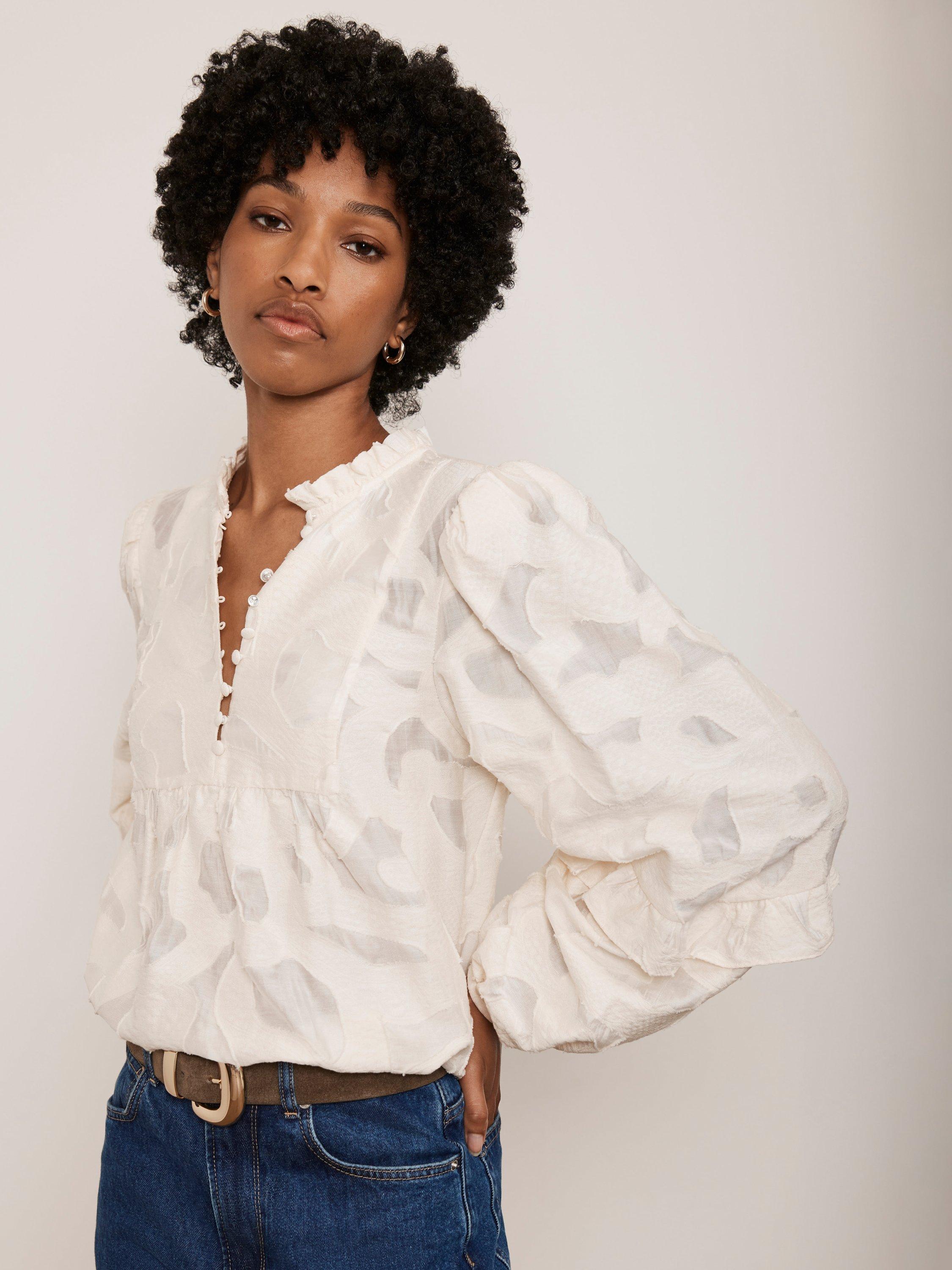 Mint Velvet Jacquard Ruffle Neck Blouse Natural Cream