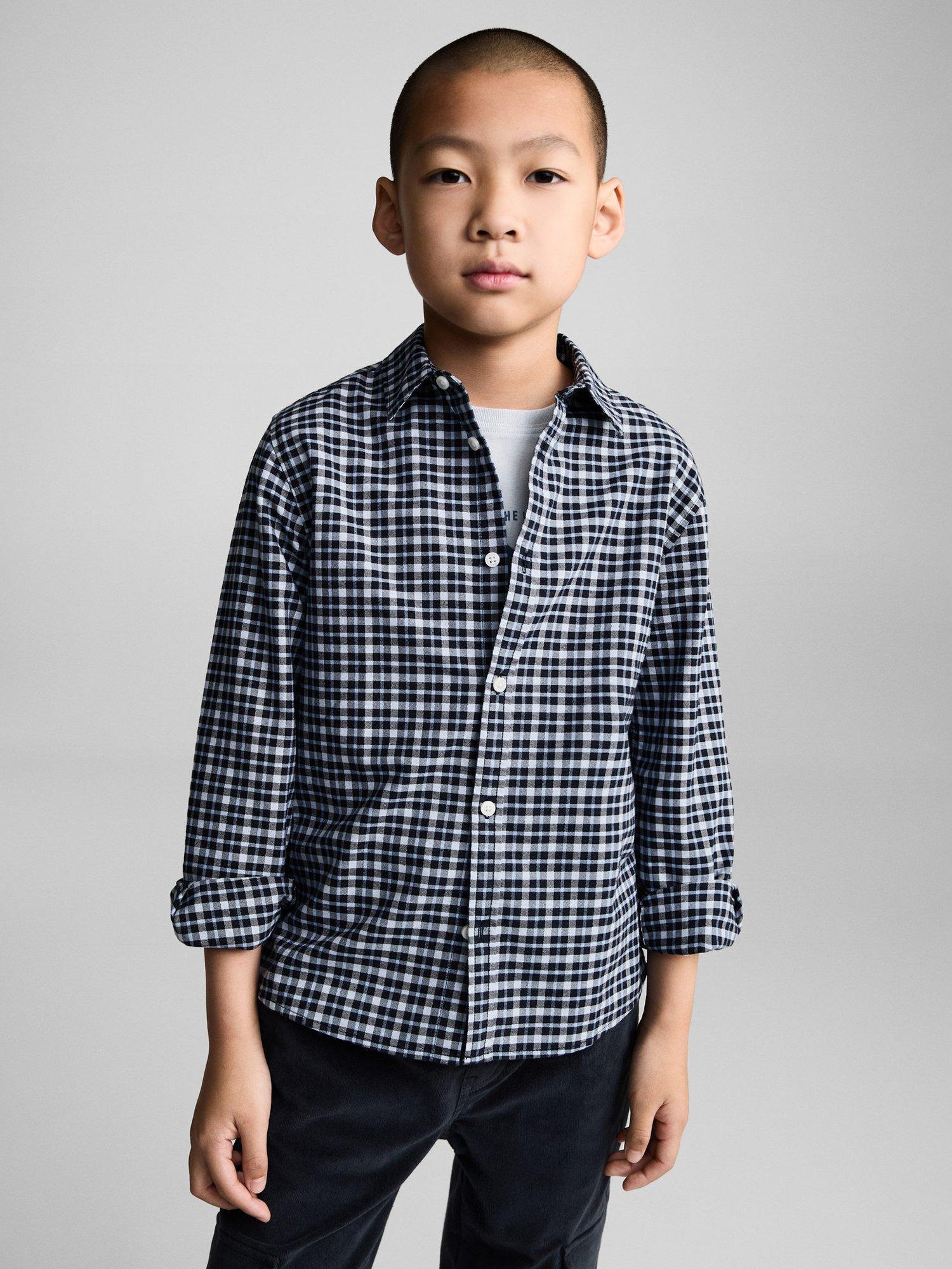 Mango Kids' Nacho Check Cotton Shirt, Medium Blue