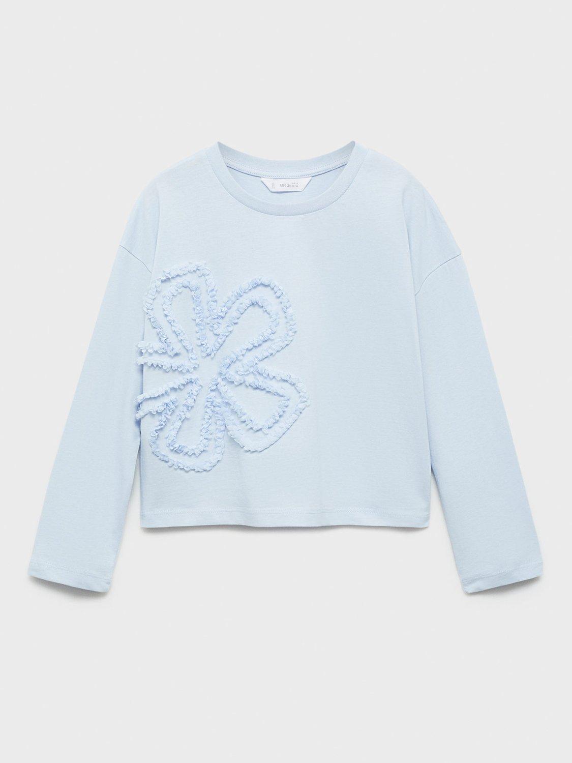 Mango Kids' Chiffy Floral Embroidered Long Sleeve Tee, Pastel Blue