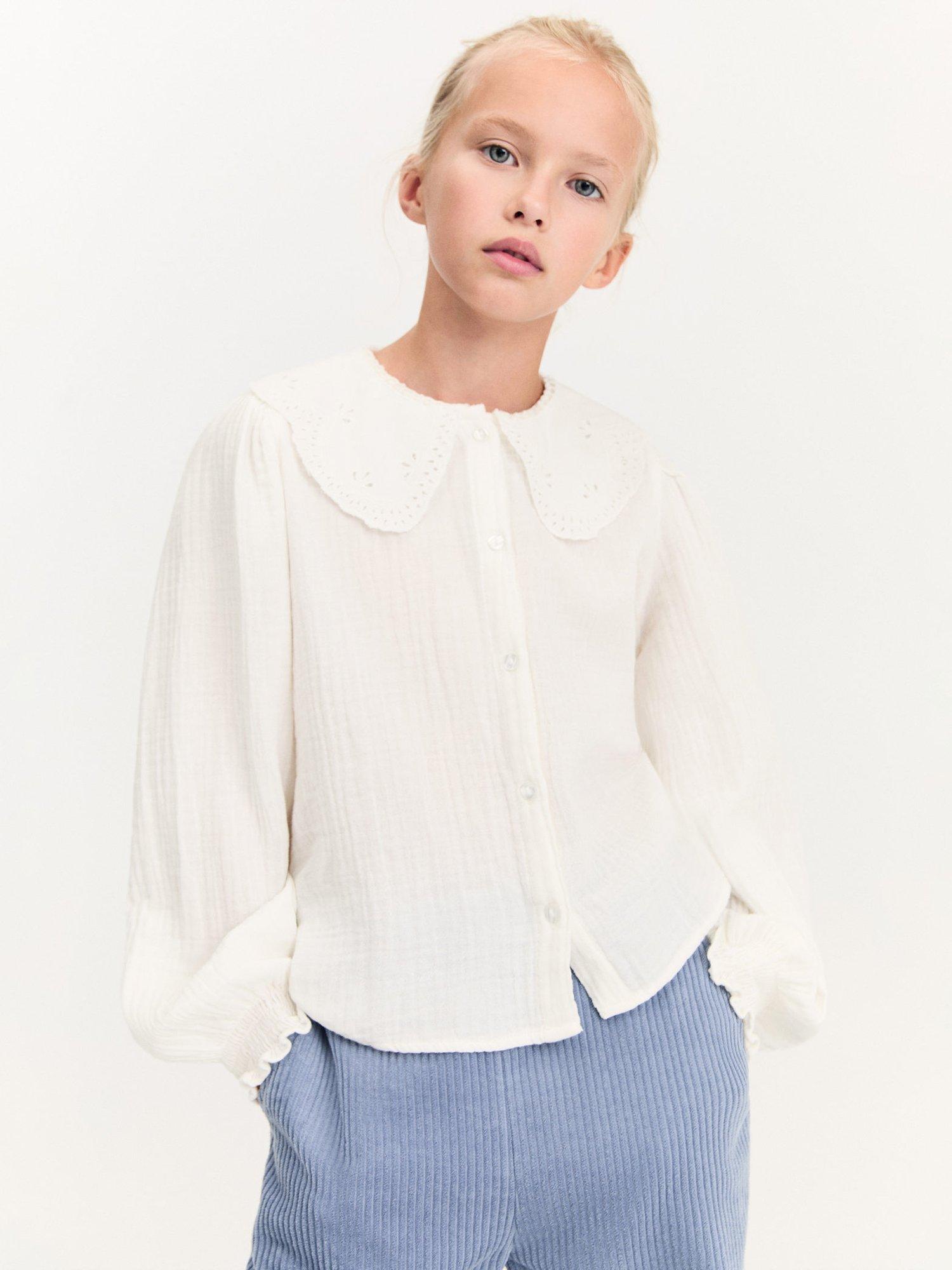Mango Kids' Gisela Oversized Embroidered Collar Shirt, White