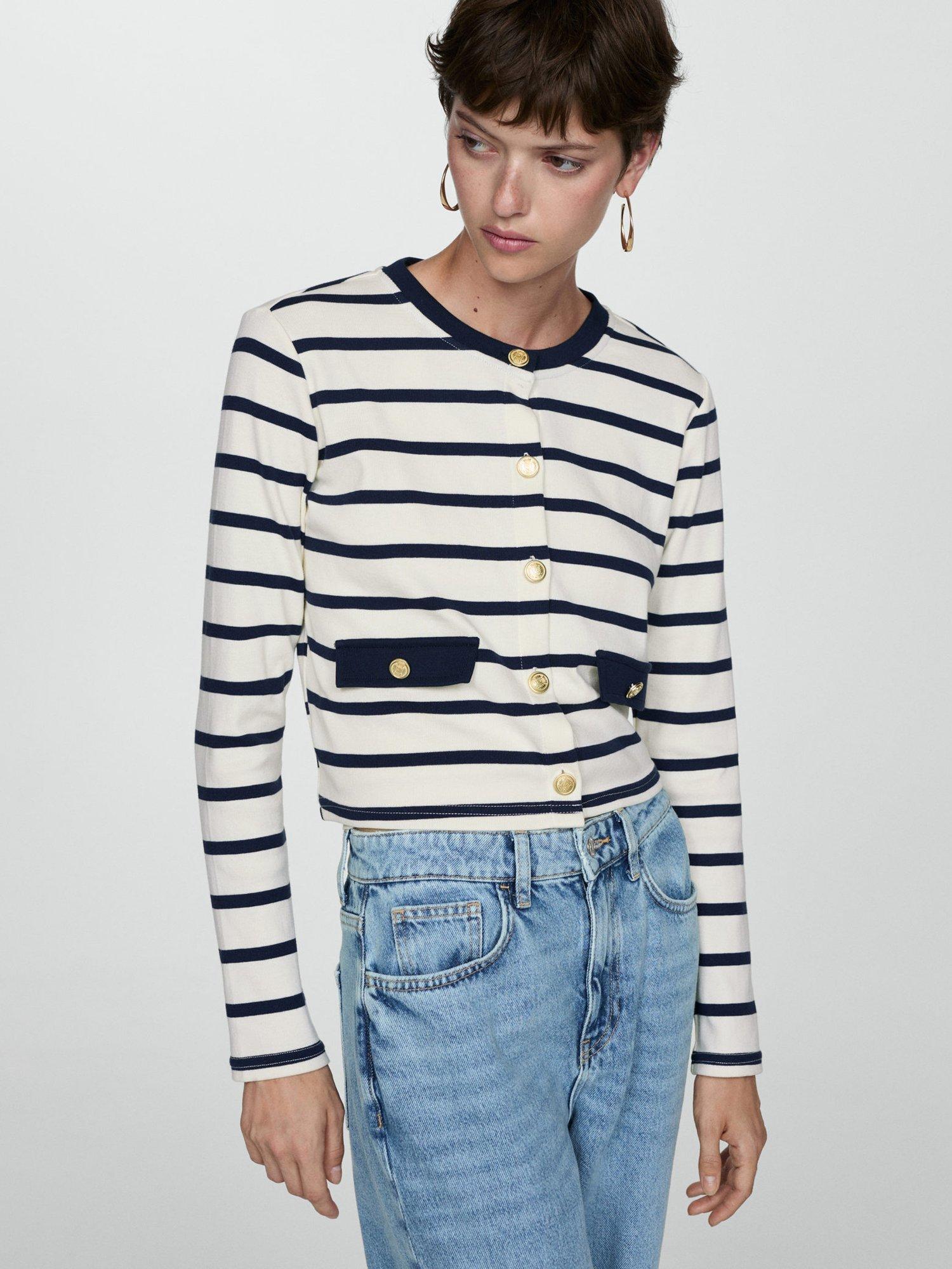 Mango Porto Stripe Cardigan, Cream/Navy