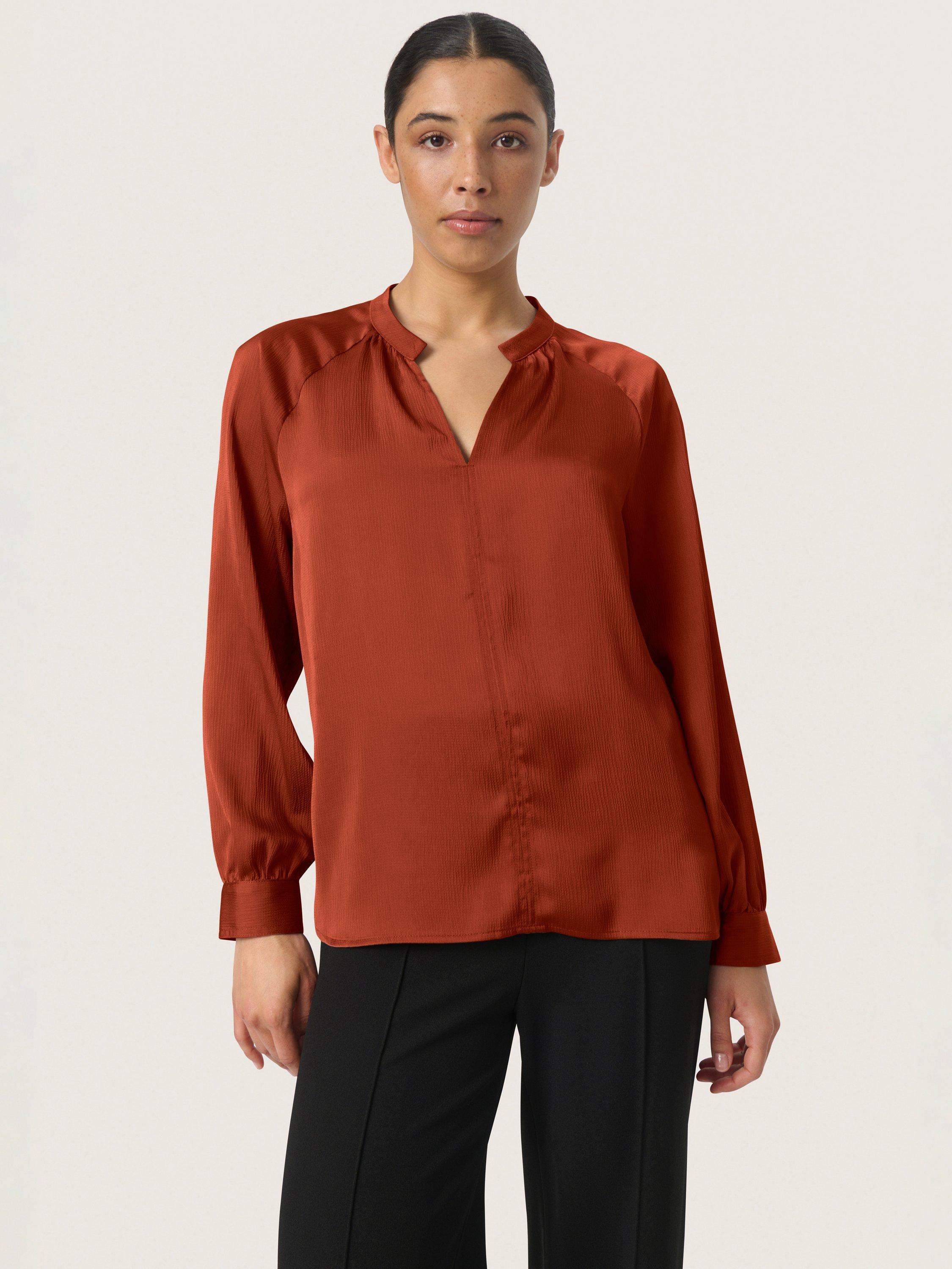 Product image 1 of 6, which shows Soaked In Luxury Ioana V-Neck Blouse, Russet Brown, XS