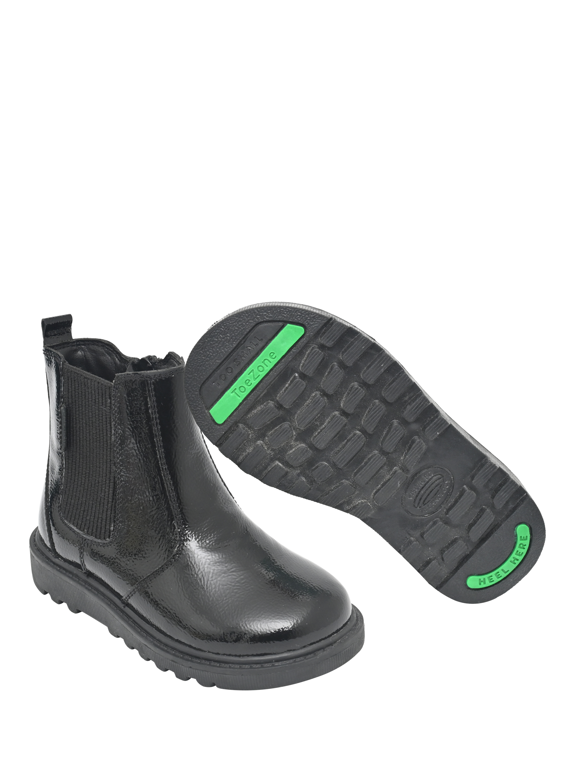 Product image 2 of 6, which shows ToeZone Kids' Amara Patent Leather Ankle Boots, Black, 8 Jnr