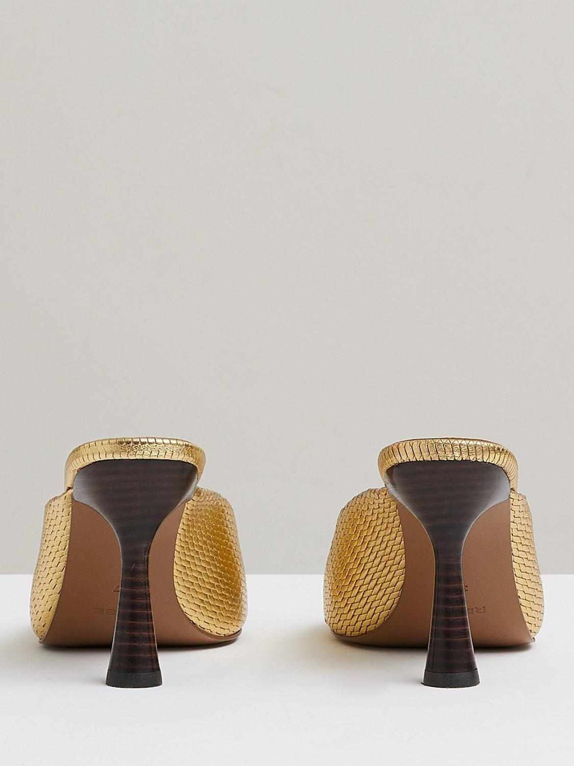 Product image 2 of 5, which shows Reiss Justine Metallic Leather Heeled Mules, Gold, 3