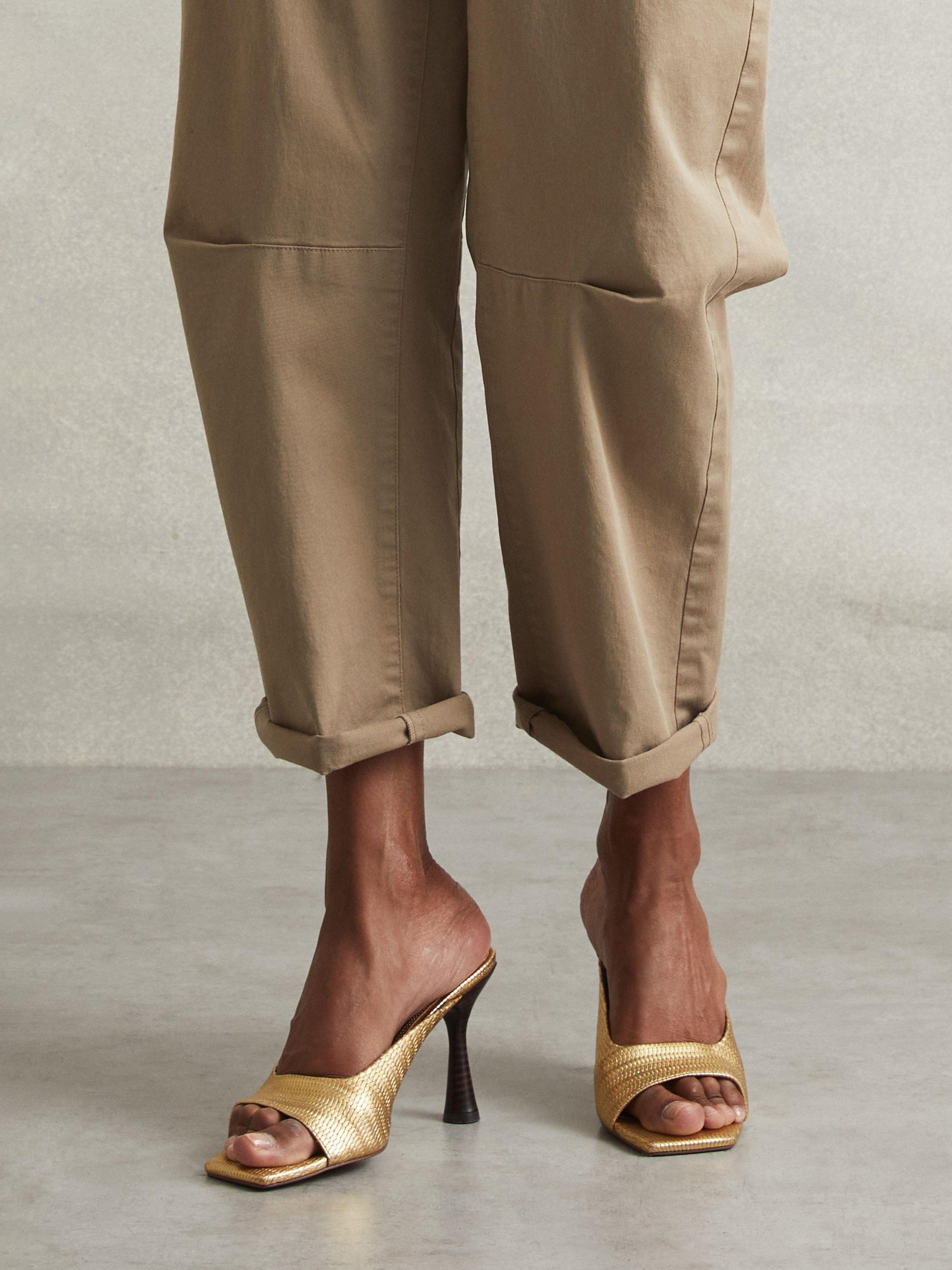 Product image 3 of 5, which shows Reiss Justine Metallic Leather Heeled Mules, Gold, 3