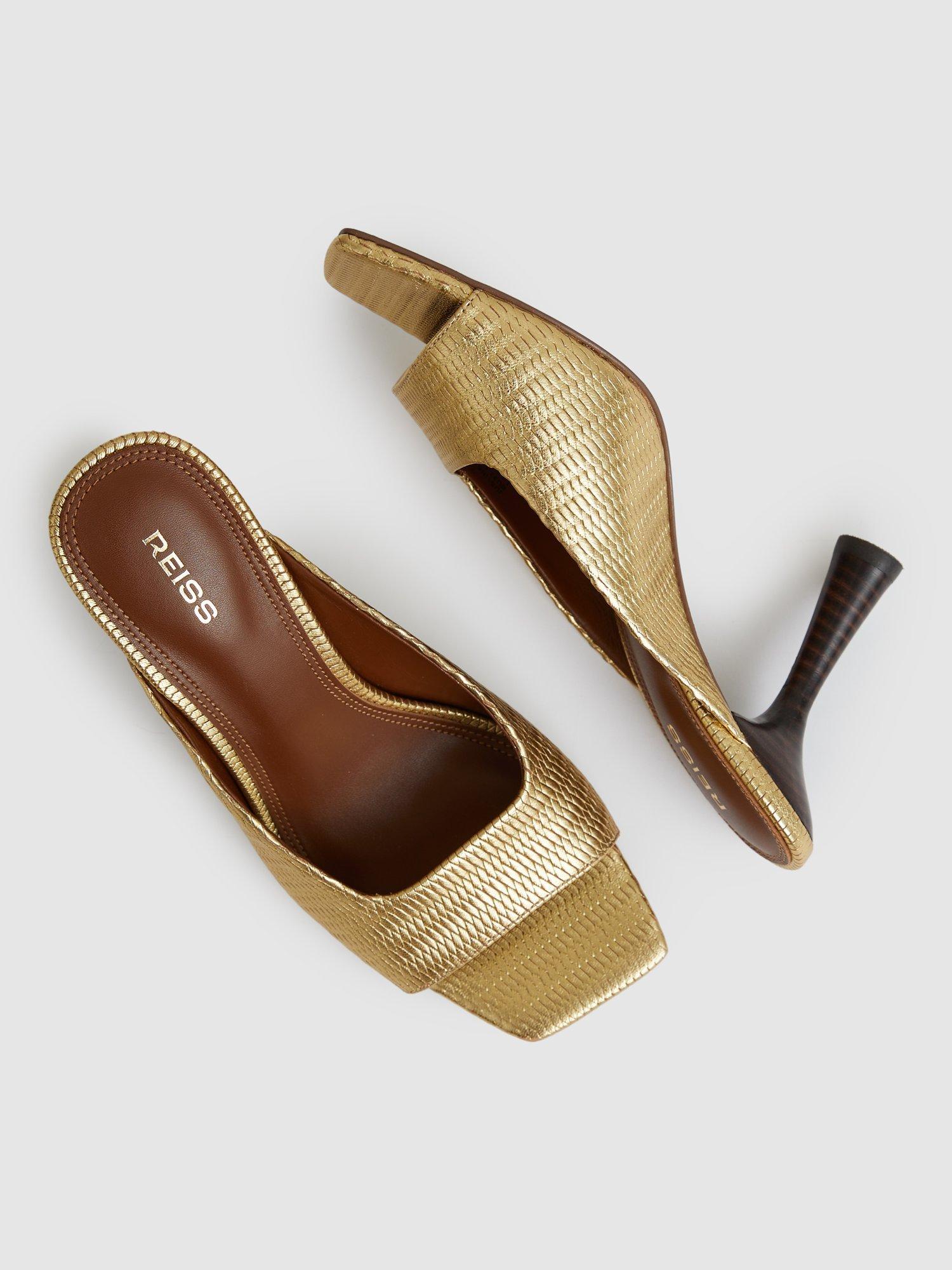 Product image 4 of 5, which shows Reiss Justine Metallic Leather Heeled Mules, Gold, 3