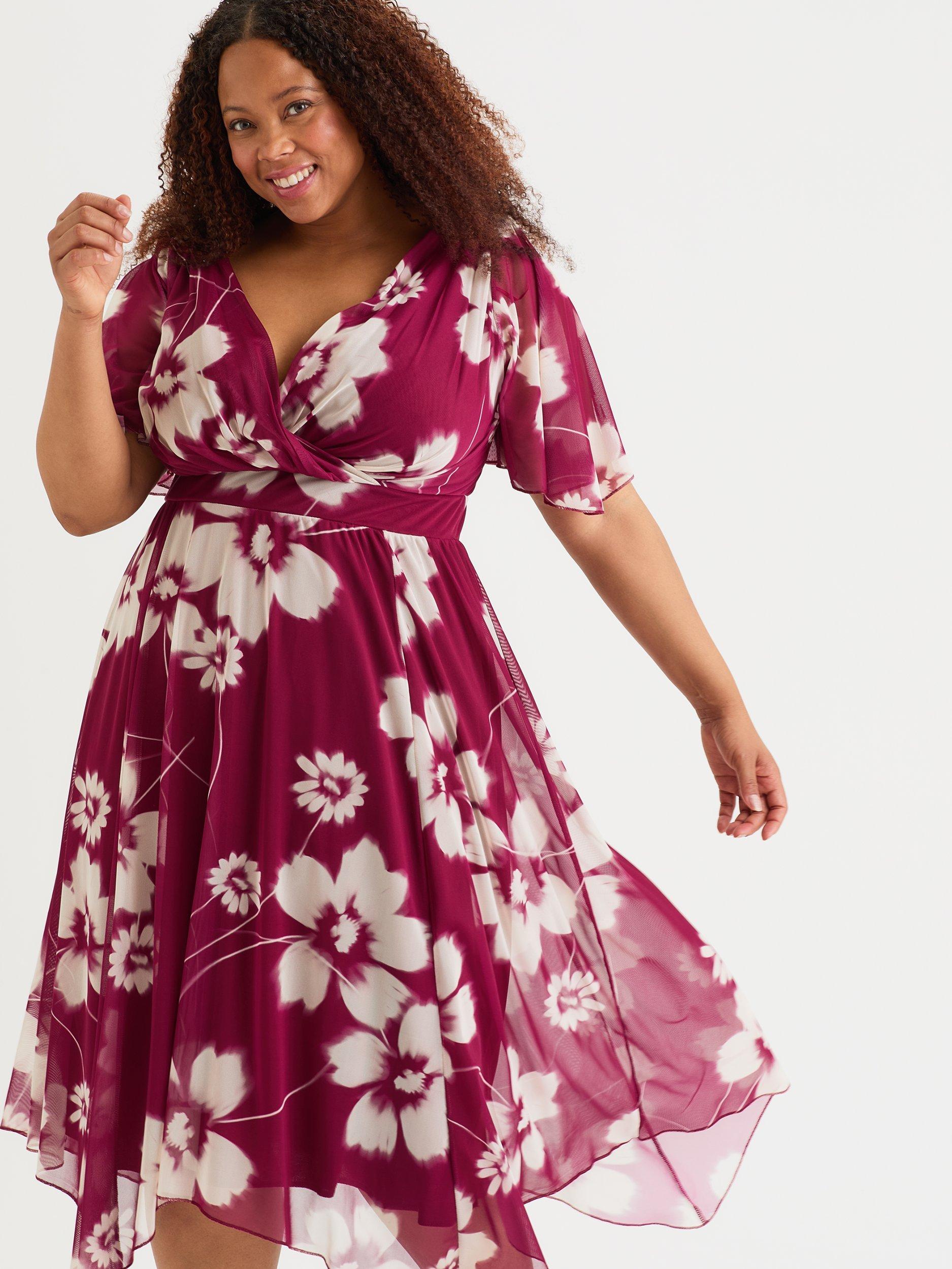 Scarlett Jo Julie Floral Hanky Hem Midi Dress Wine Multi