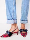 Boden Velvet Bow Pointed Kitten Heeled Courts, Red Tartan