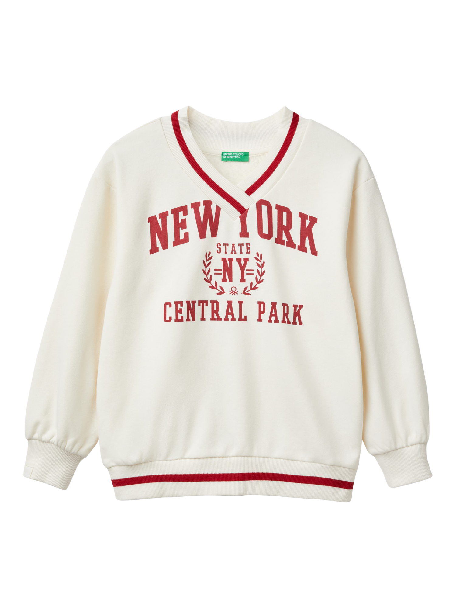 Benetton Kids' New York V-Neck Sweatshirt, Cream/Red