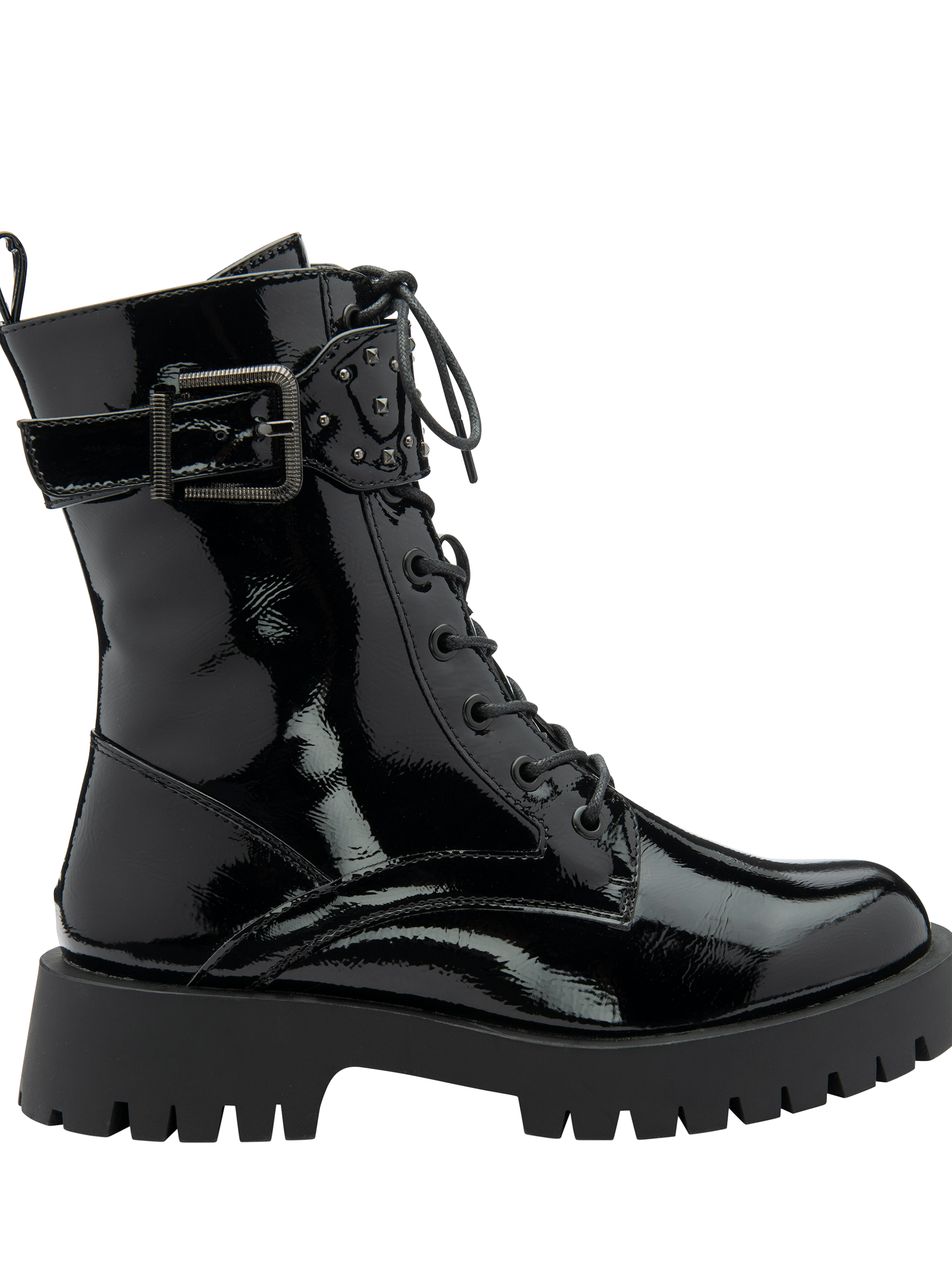 Product image 1 of 4, which shows Ravel Bilston Patent Chunky Biker Boots, Black, 6
