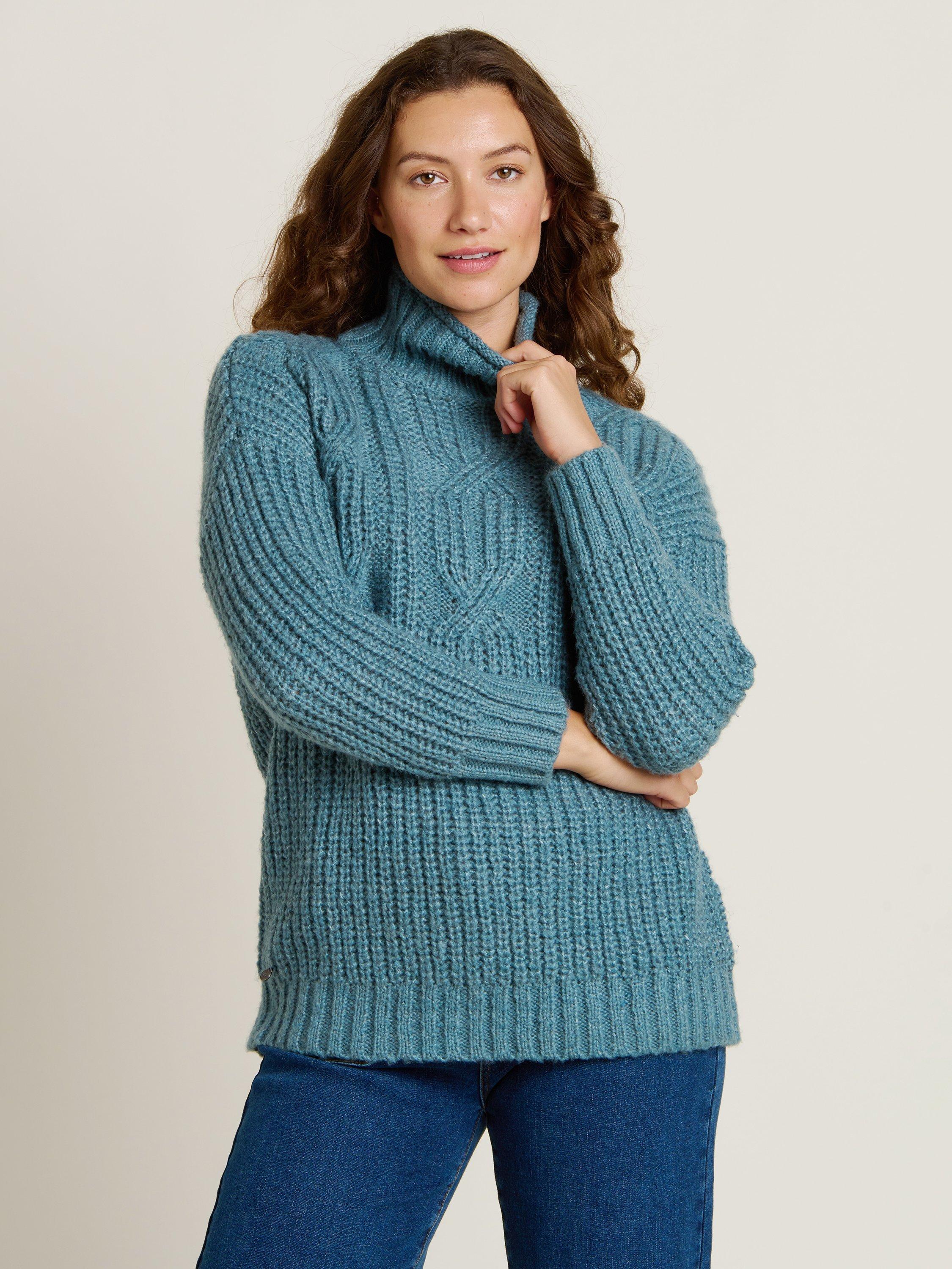 Product image 2 of 5, which shows Brakeburn Cable Knit Roll Neck Jumper, Ocean, 8