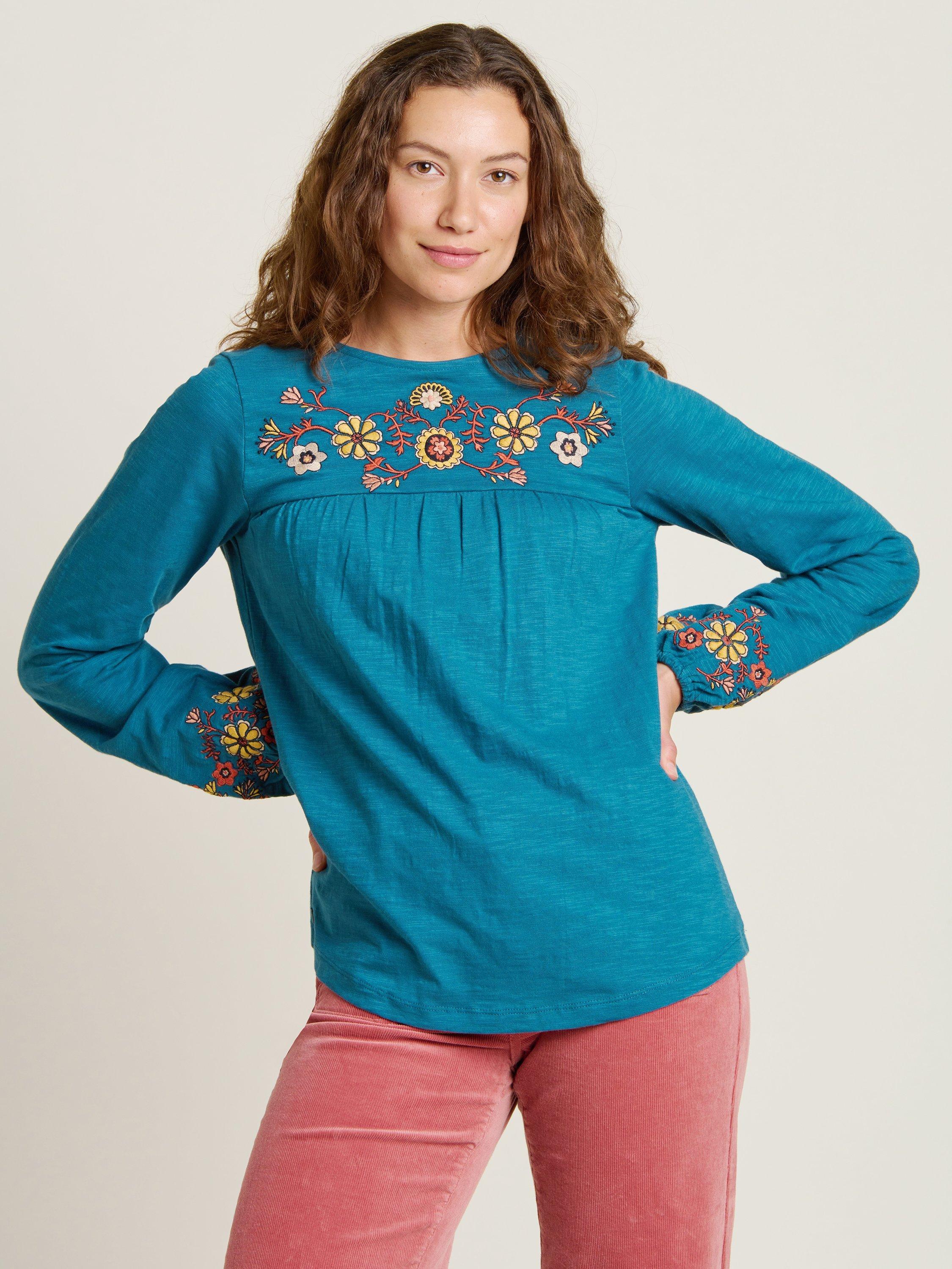 Product image 1 of 4, which shows Brakeburn Folk Floral Long Sleeve Top, Teal, 8
