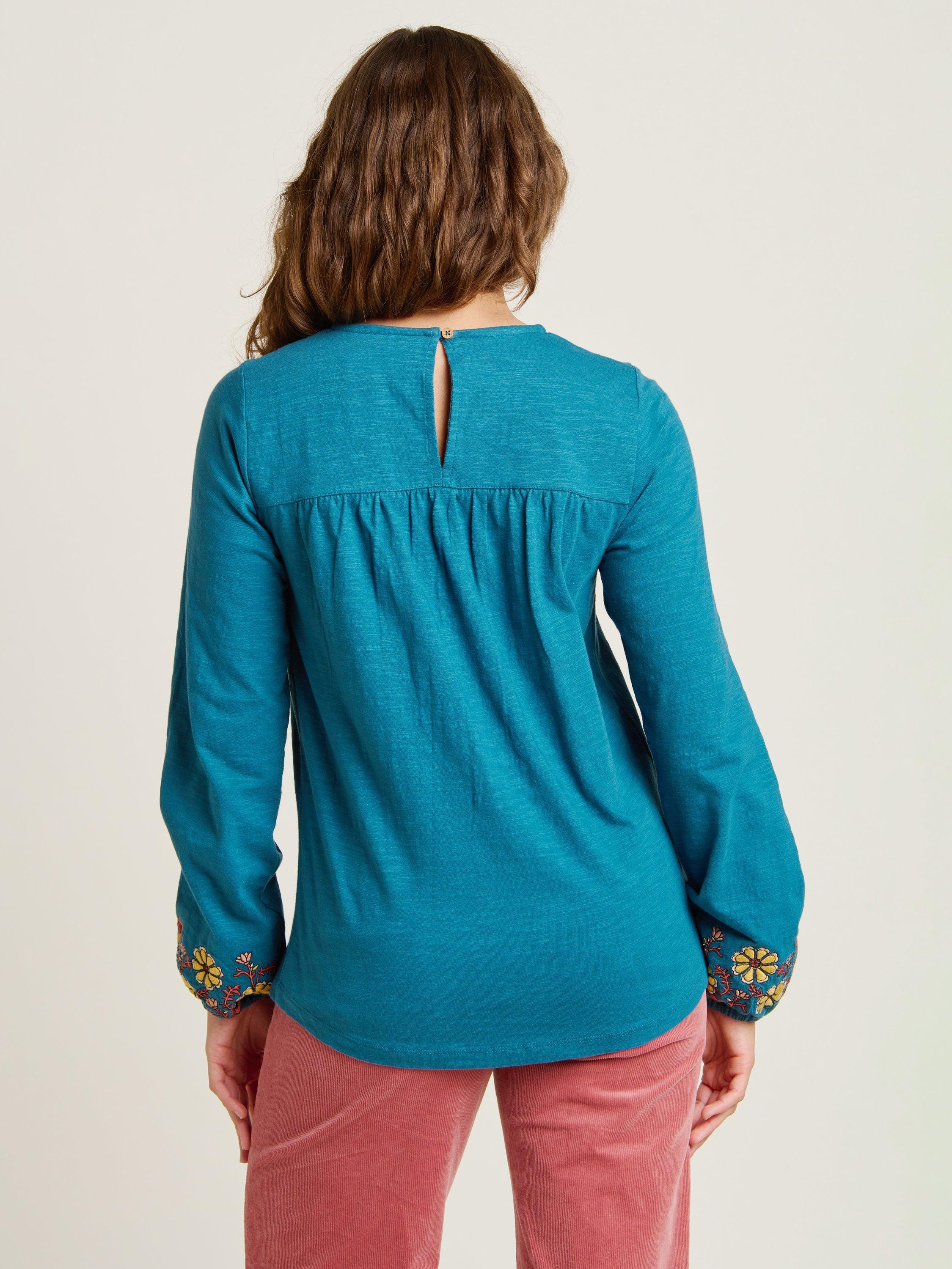 Product image 2 of 4, which shows Brakeburn Folk Floral Long Sleeve Top, Teal, 8