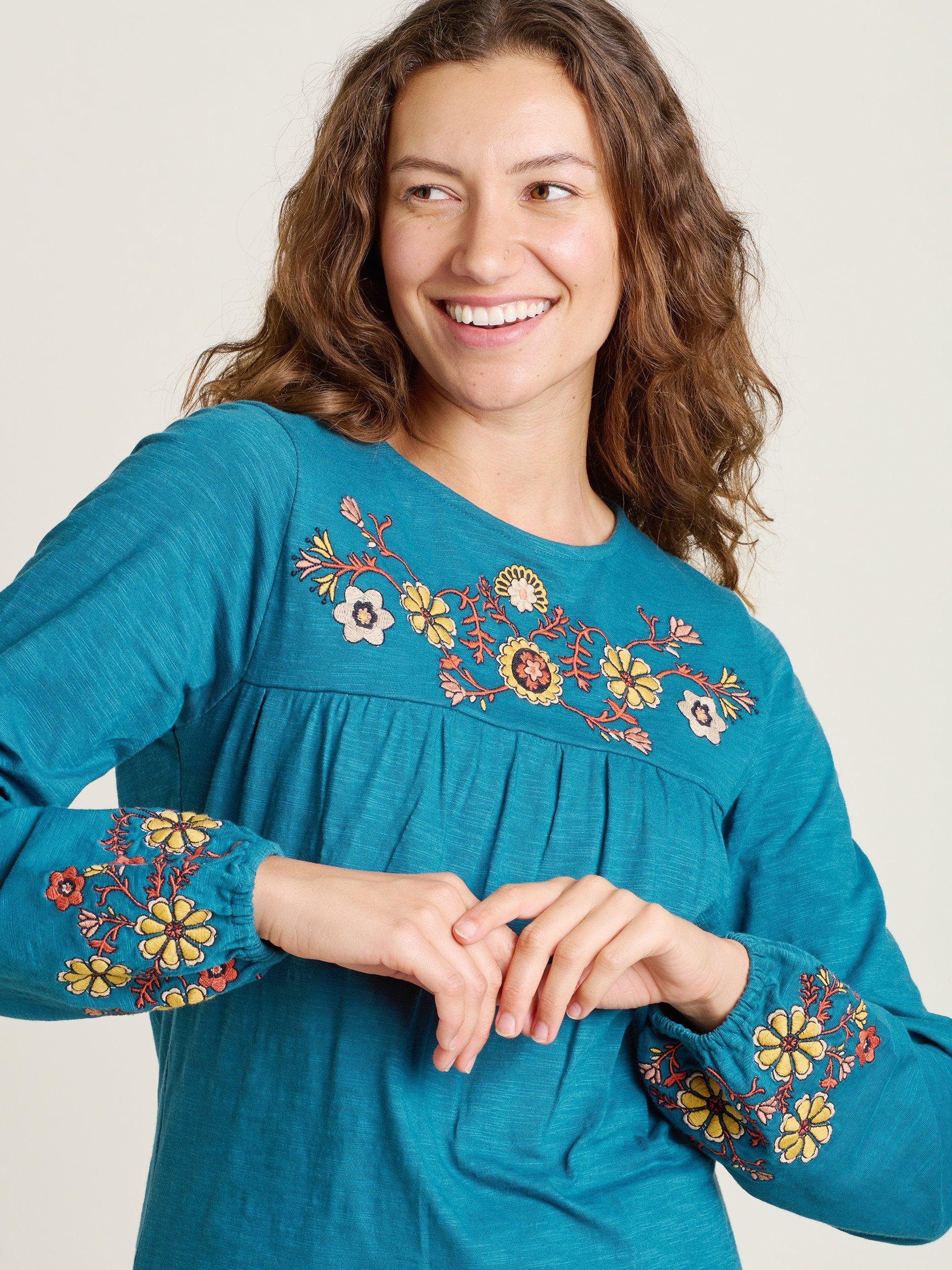 Product image 3 of 4, which shows Brakeburn Folk Floral Long Sleeve Top, Teal, 8