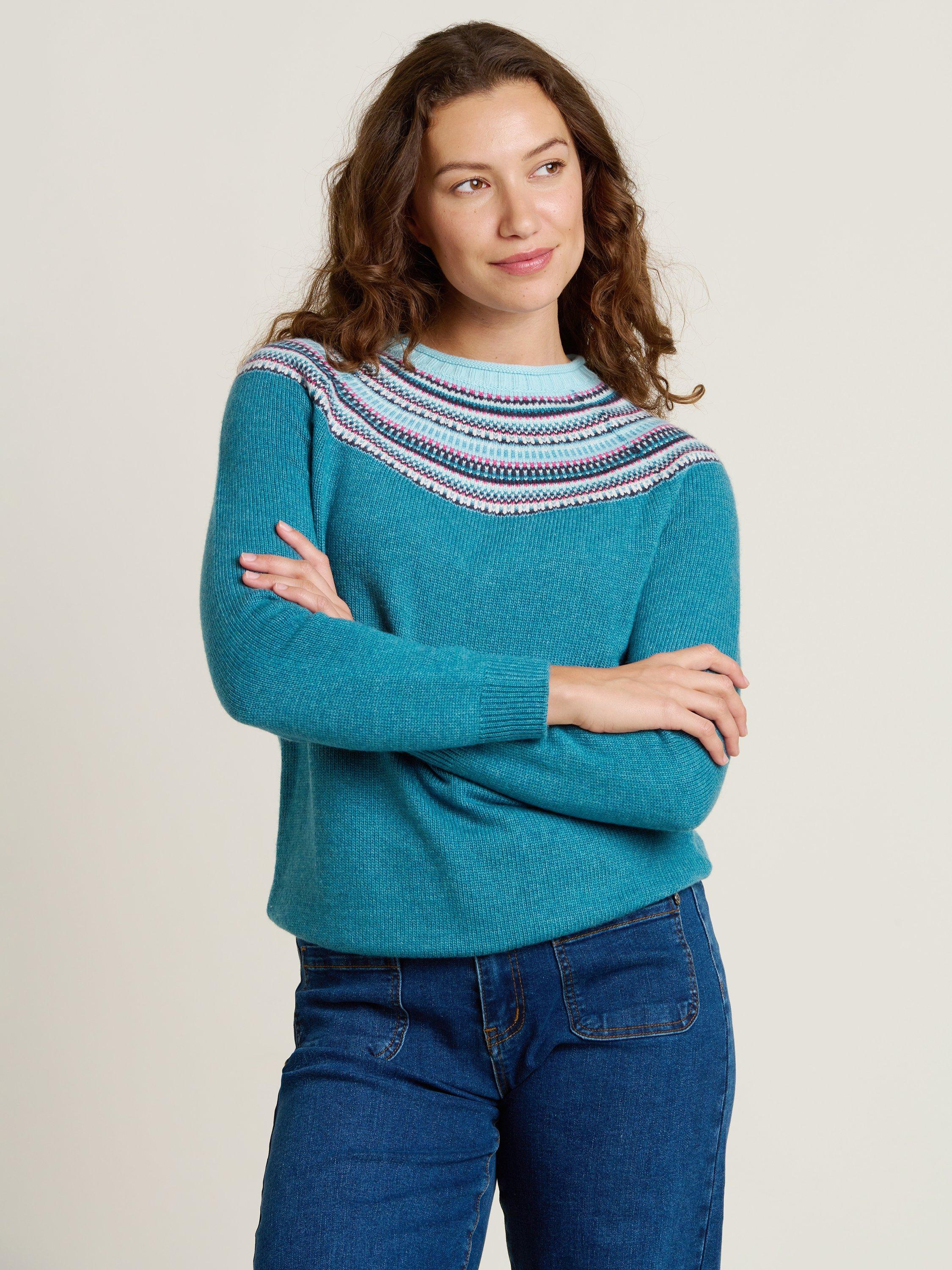 Product image 1 of 4, which shows Brakeburn Fair Isle Knit Crew Neck Jumper, Teal, 8