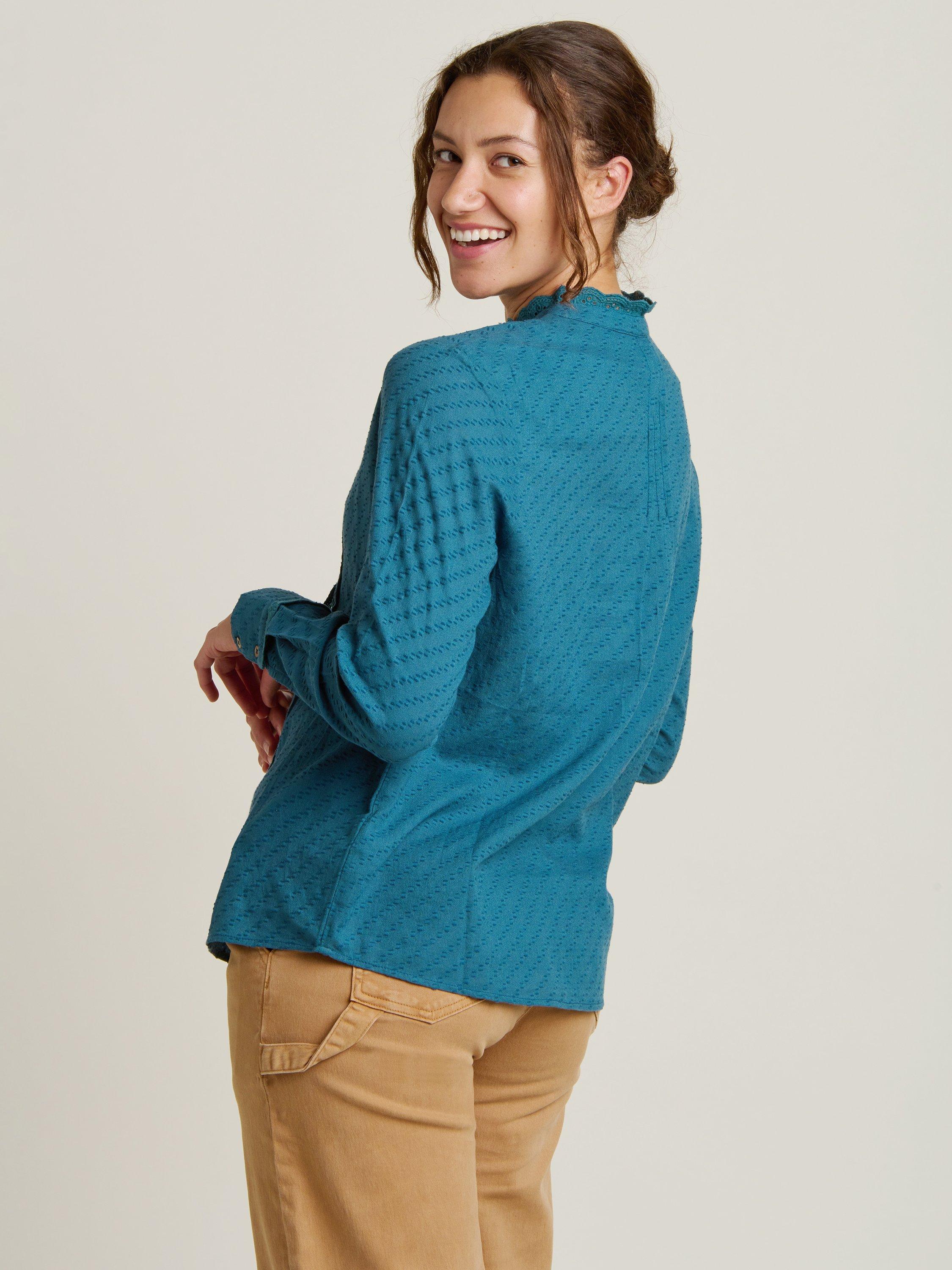 Product image 2 of 4, which shows Brakeburn Charmouth Ruffle Button Blouse, Teal, 8