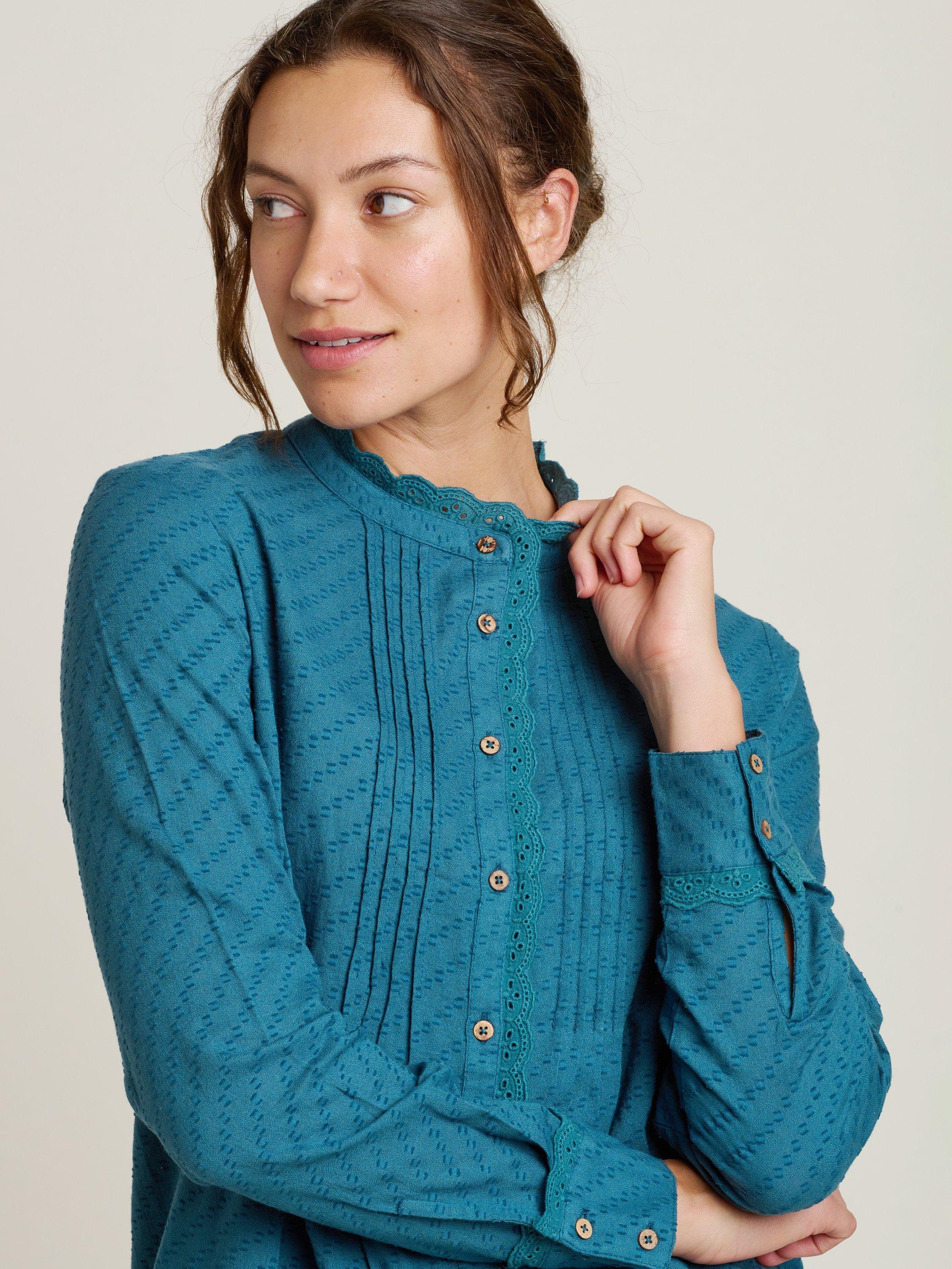 Product image 3 of 4, which shows Brakeburn Charmouth Ruffle Button Blouse, Teal, 8