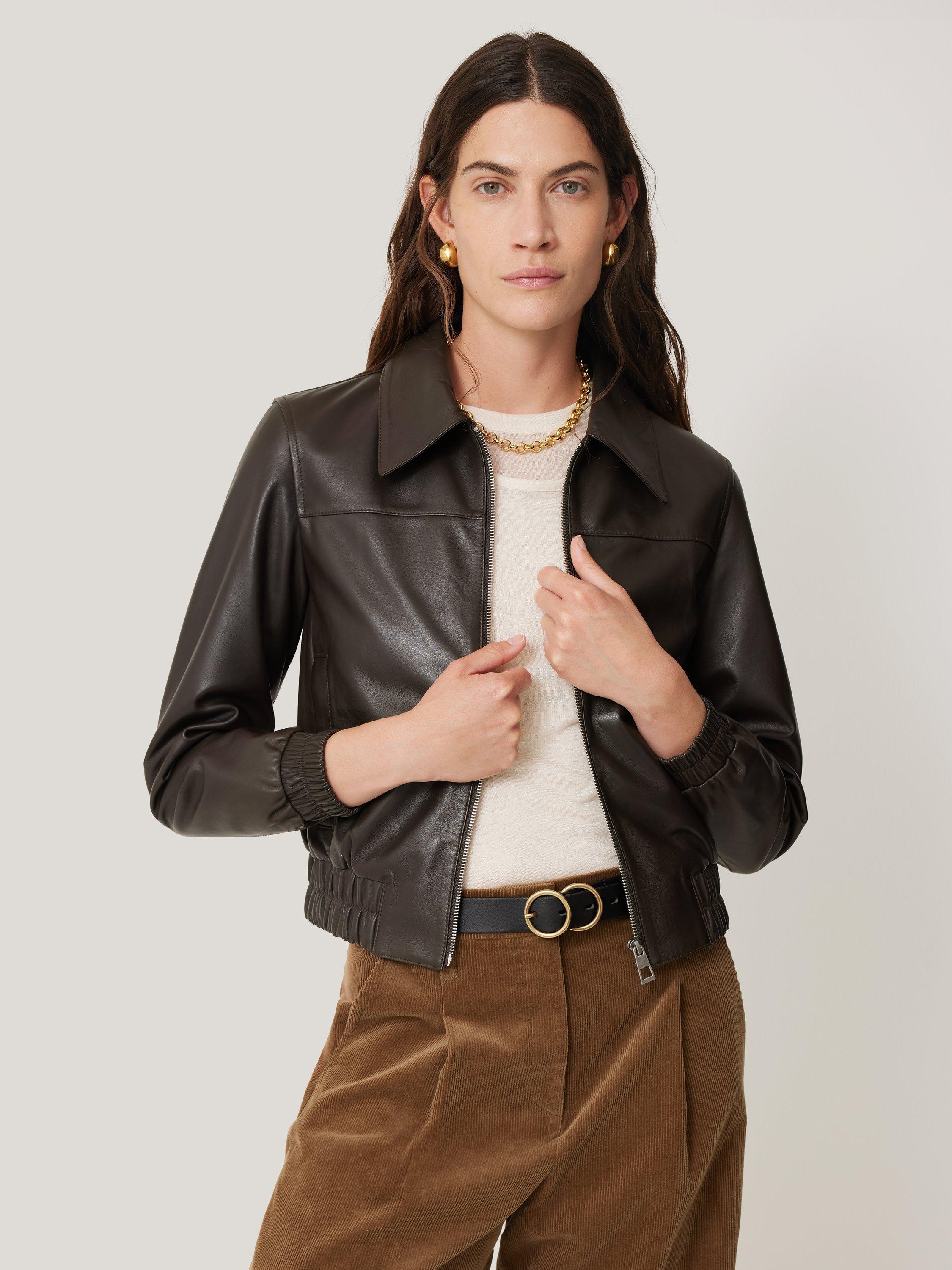 Jigsaw Zip Front Leather Jacket, Dark Olive, 16