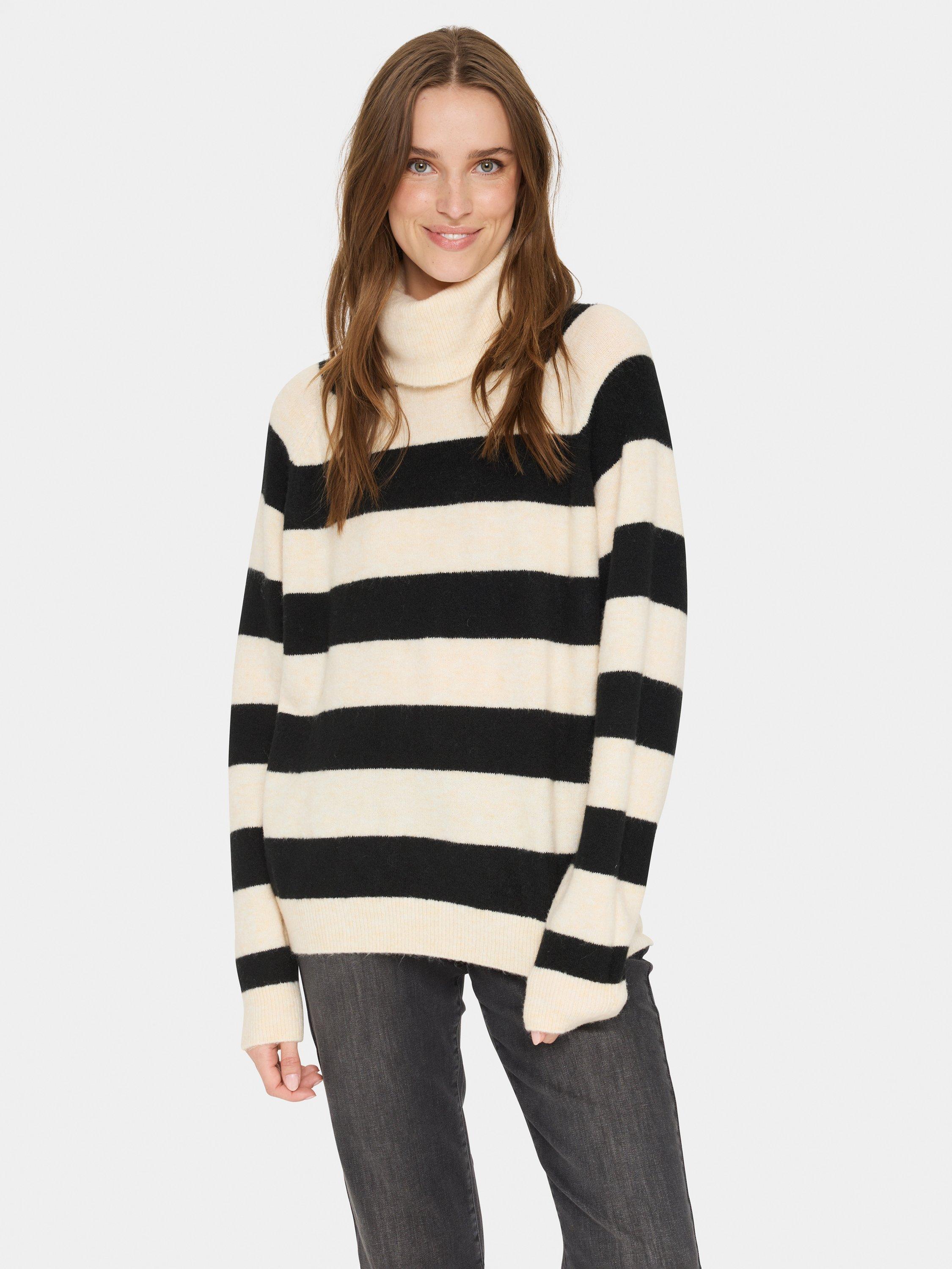 Product image 1 of 6, which shows Saint Tropez Garbie Stripe Roll Neck Jumper, Ice/Black, XS