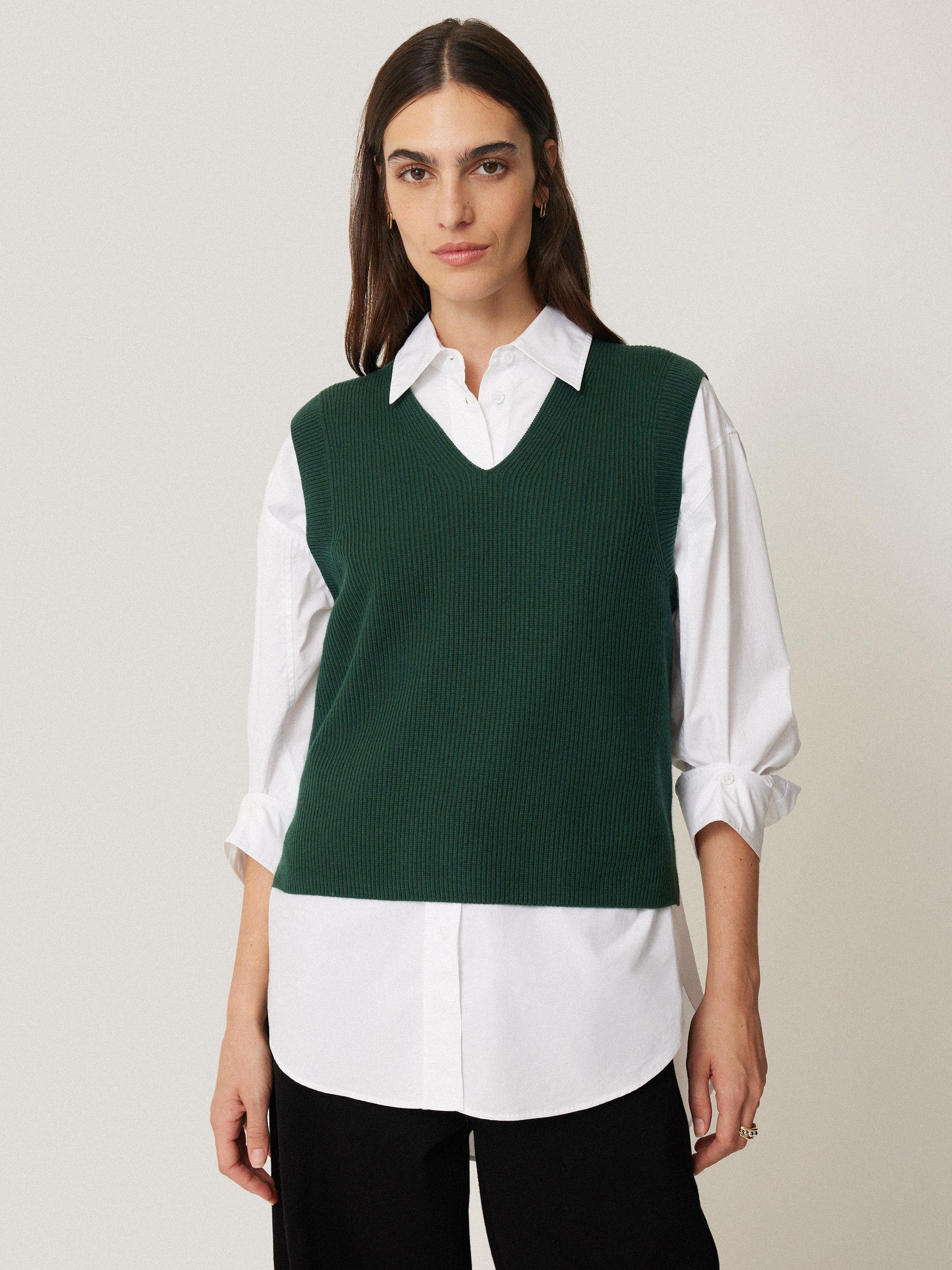 Jigsaw Rib Knit Cotton Wool Blend V-Neck Tank Top, Dark Green, M