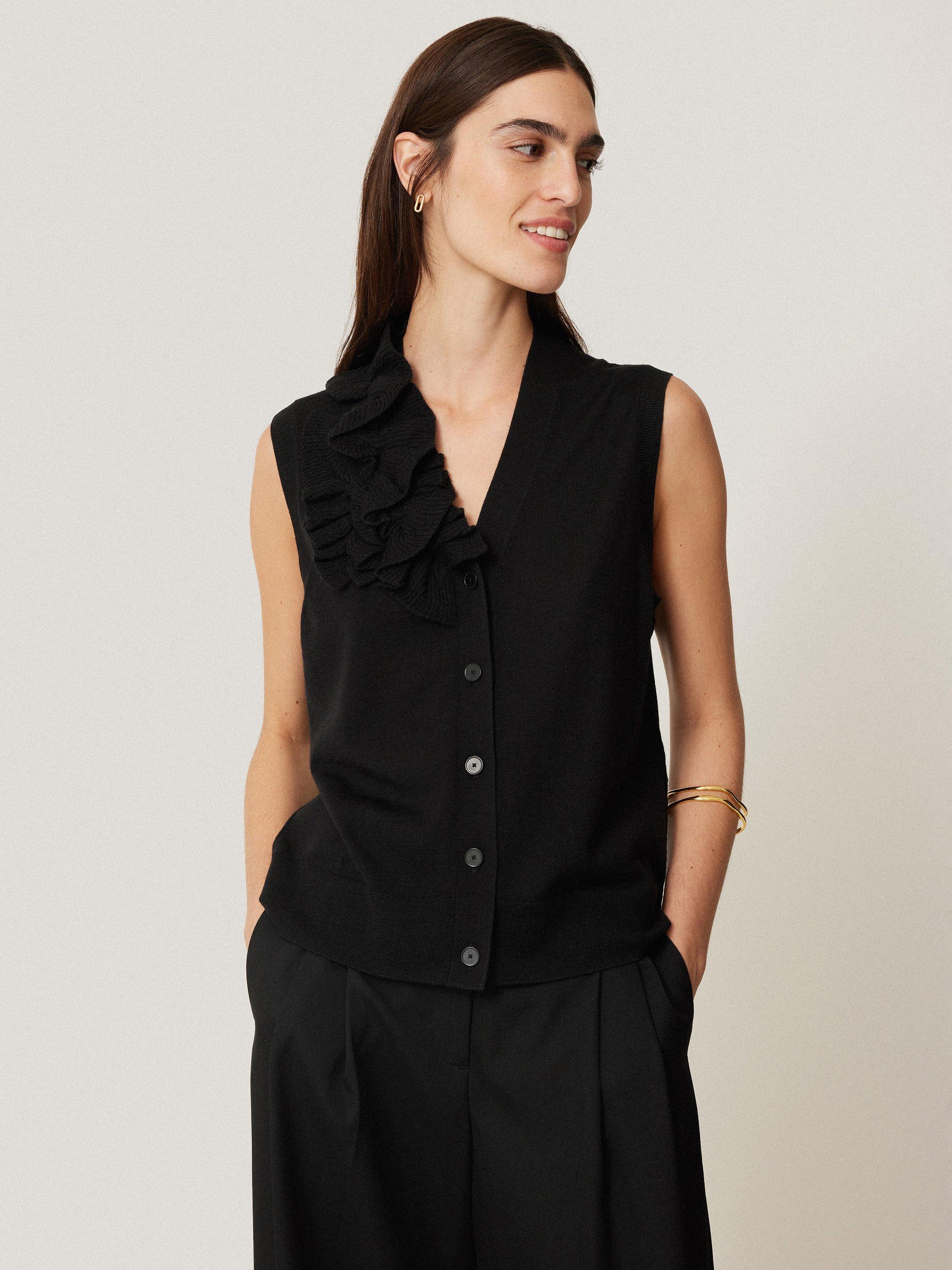 Jigsaw Ruffle Pure Wool Sleeveless Cardigan, Black