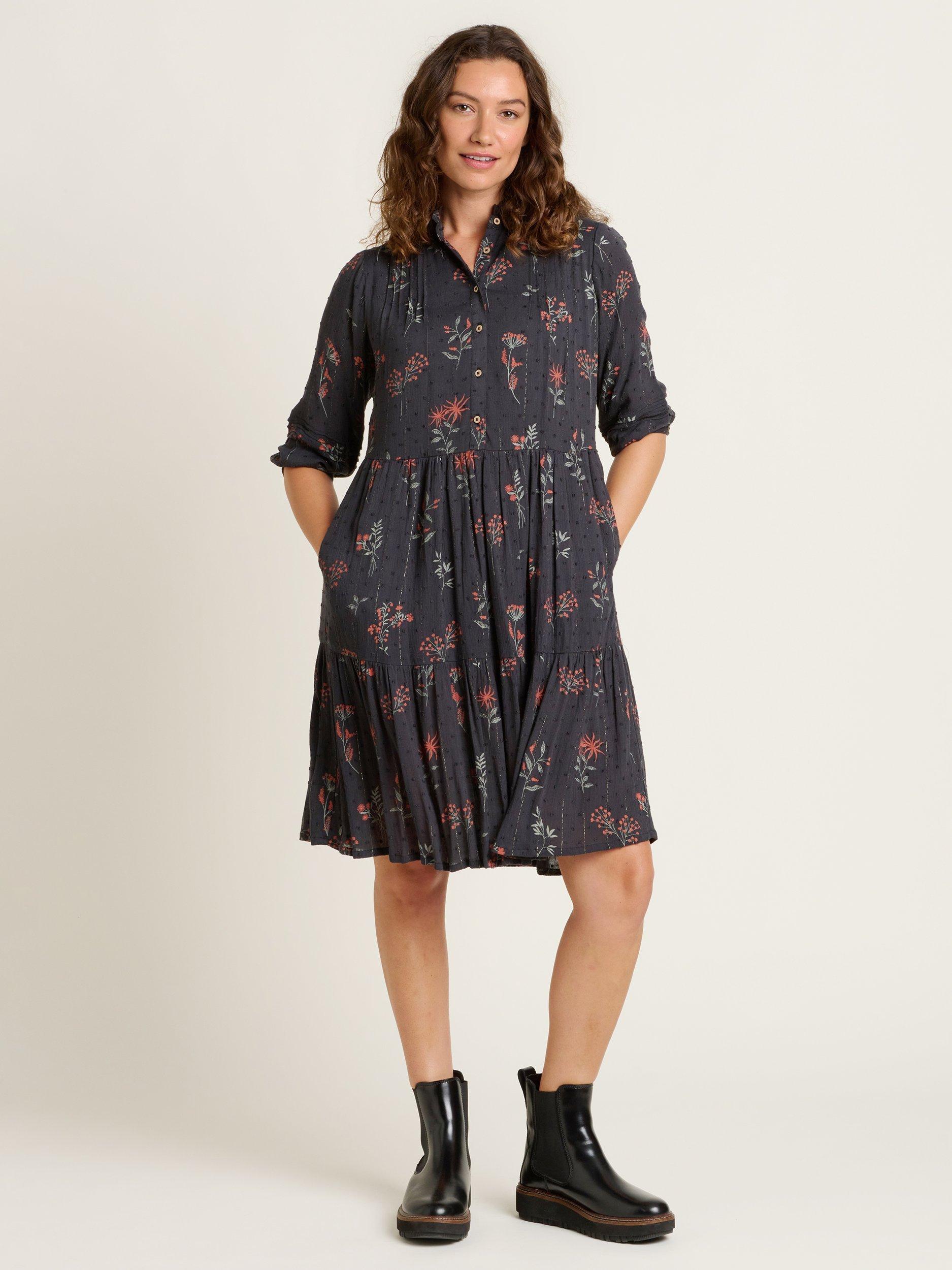 Product image 1 of 4, which shows Brakeburn Bella Botanical Dress, Charcoal/Multi, 8