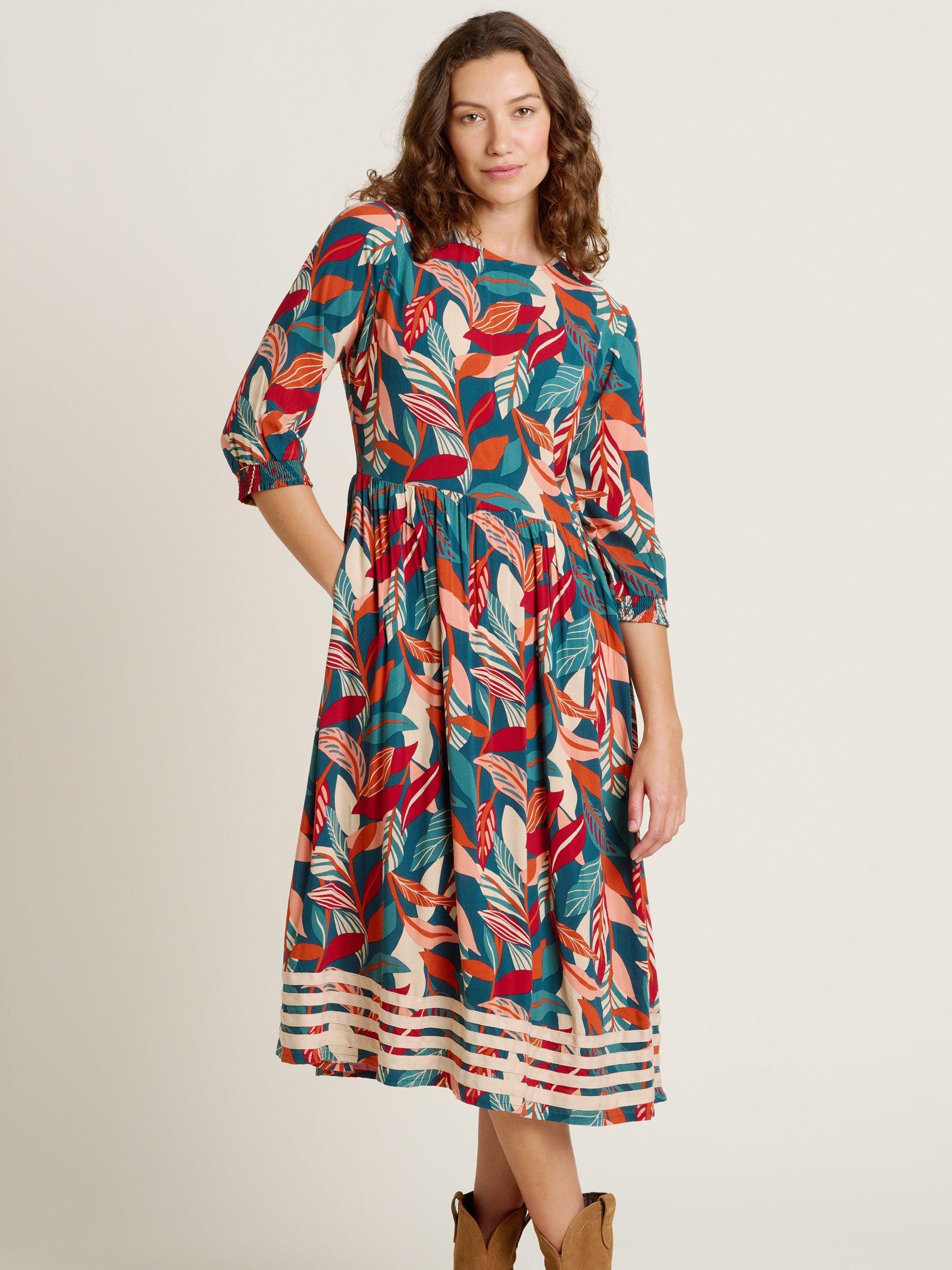 Product image 1 of 4, which shows Brakeburn Evergreen Leaves Midi Dress, Multi, 8