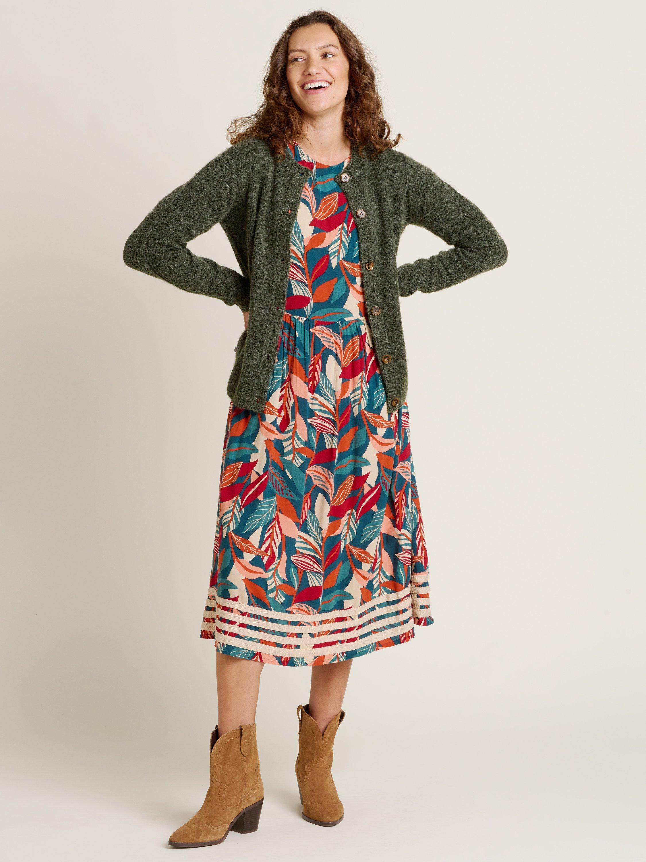 Product image 4 of 4, which shows Brakeburn Evergreen Leaves Midi Dress, Multi, 8