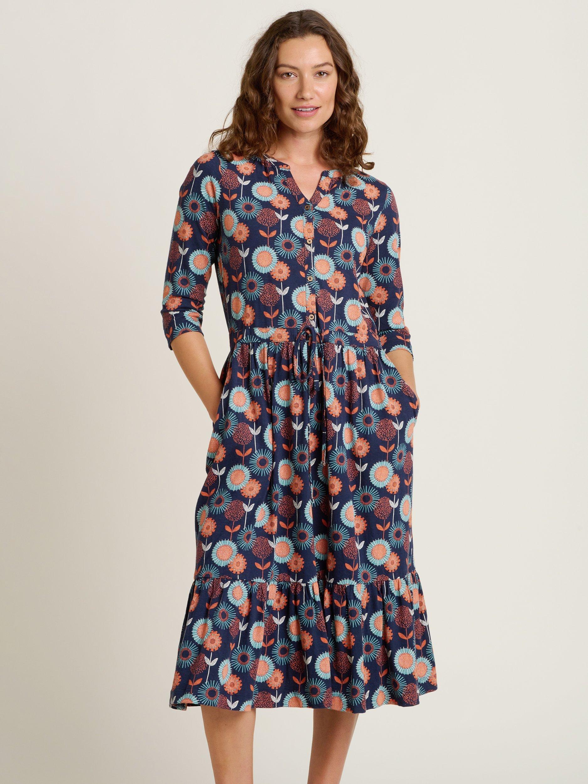 Product image 2 of 5, which shows Brakeburn Freya Floral Midi Dress, Navy, 8