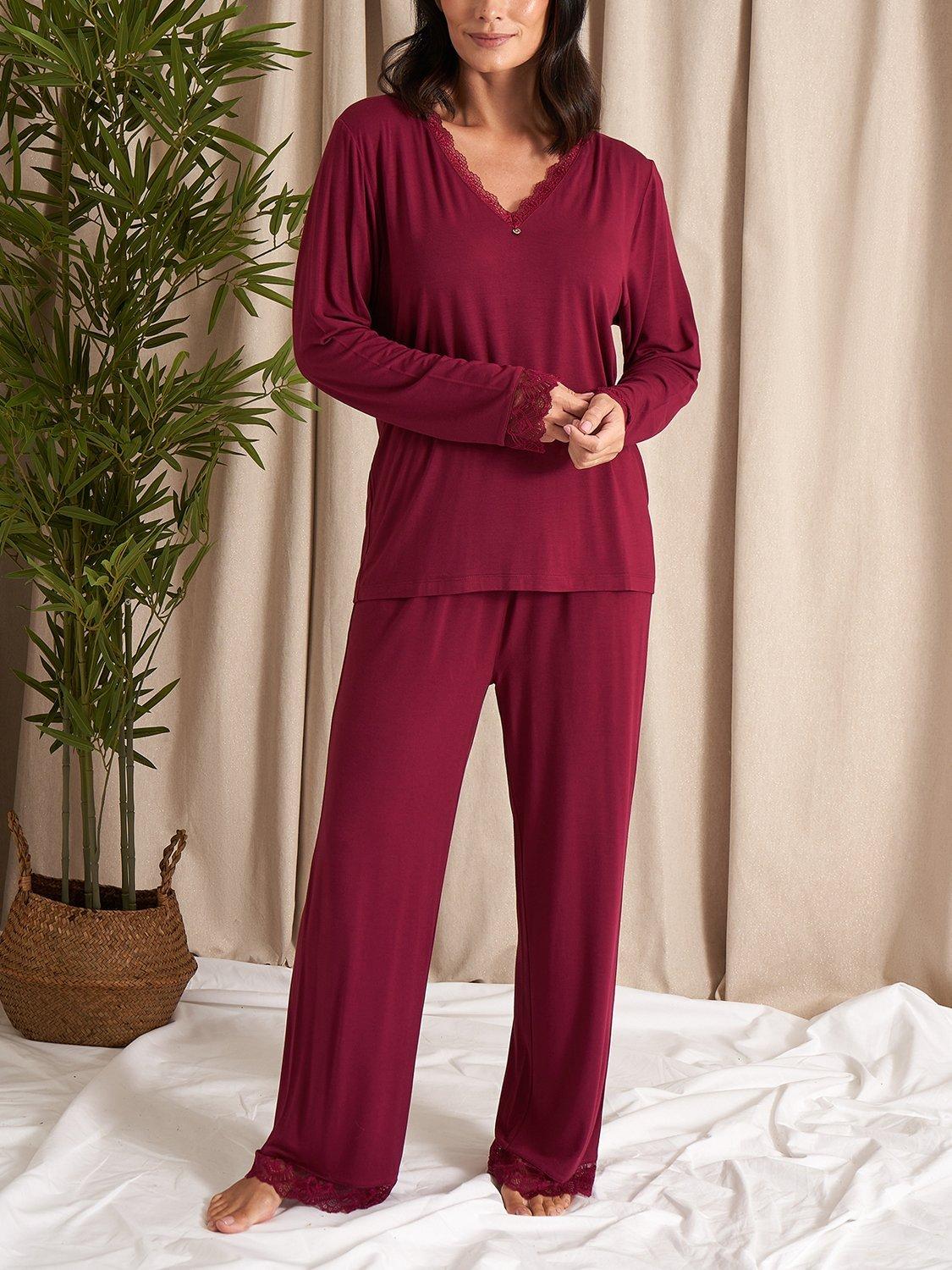 Product image 1 of 4, which shows Pretty You London Bamboo Lace V-Neck Pyjama Set, Bordeaux, 8