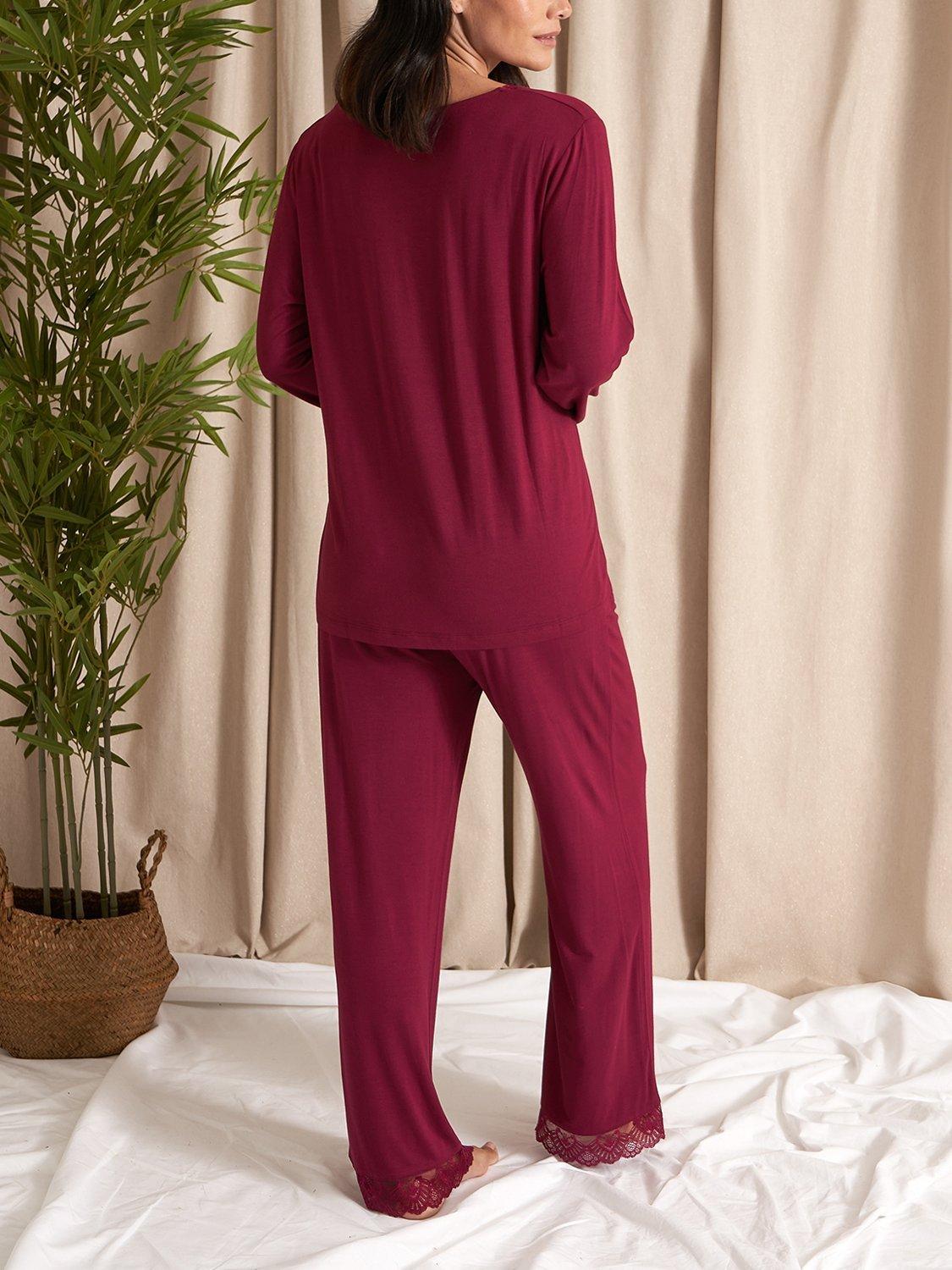 Product image 3 of 4, which shows Pretty You London Bamboo Lace V-Neck Pyjama Set, Bordeaux, 8
