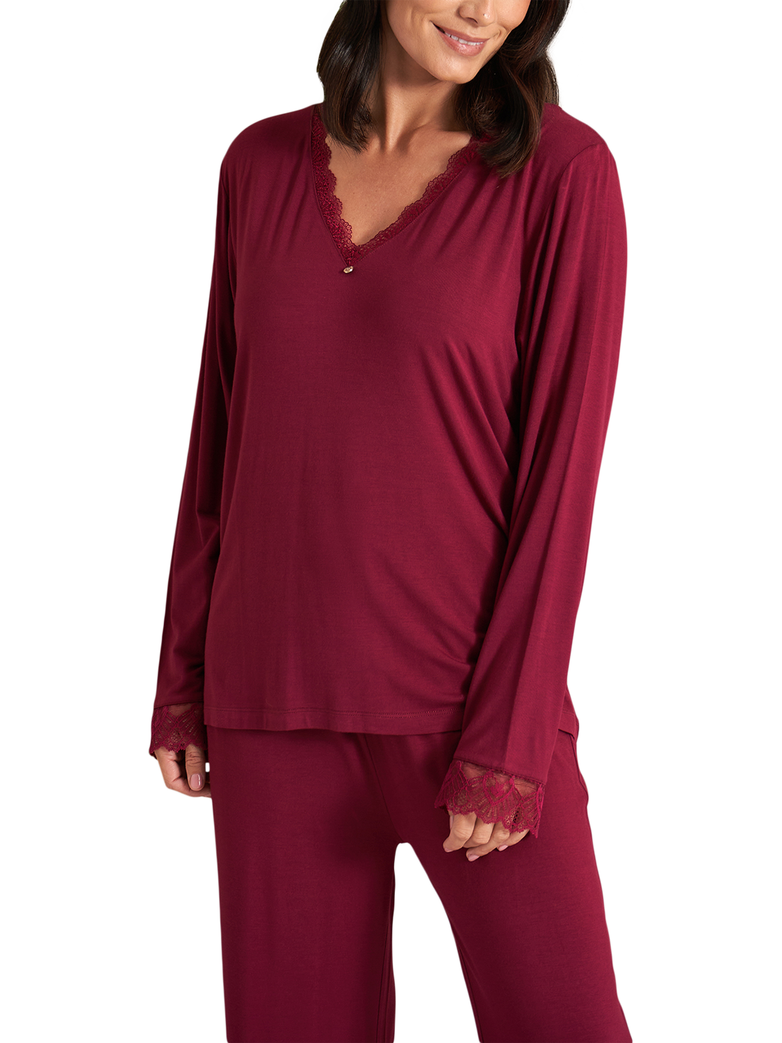 Product image 4 of 4, which shows Pretty You London Bamboo Lace V-Neck Pyjama Set, Bordeaux, 8